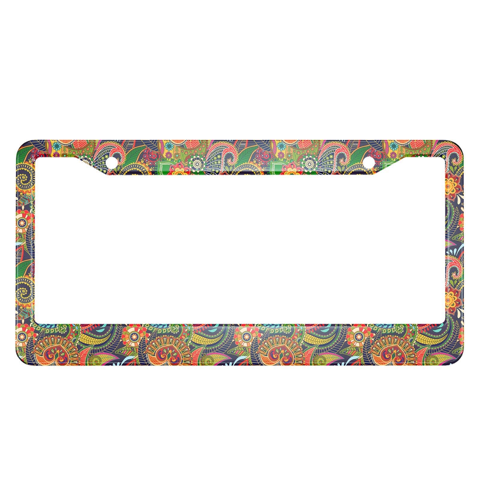 HOSNYE Colorful Paisley Mandala License Plate Frame Horns Petals Leaves Indian Element Lace Turkish Metal License Plate Cover Fr