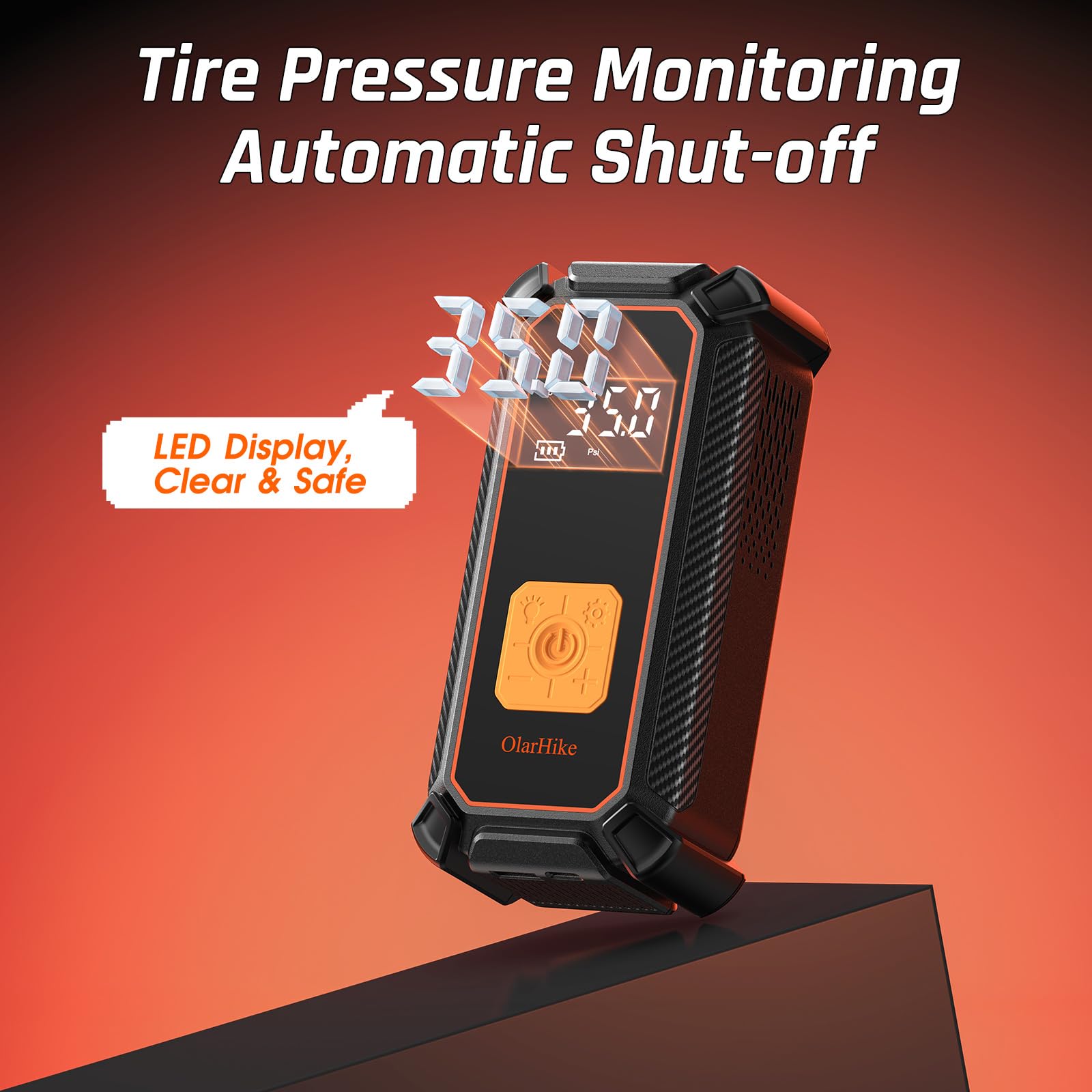 OlarHike Cordless Tire Inflator, 150PSI Air Compressor, 5400mAh, LED Light, Digital Gauge, Model TIC3V306, Orange