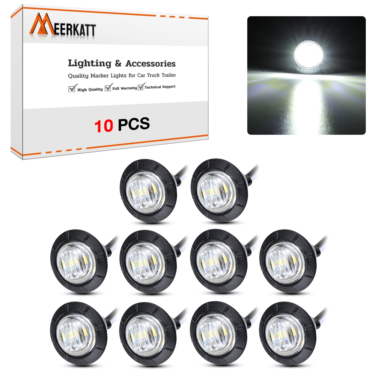 Meerkatt (Pack Of 10 3/4 Inch Mini Round White Led Side Marker Sealed Flush Mount Light Waterproof Truck Bus Van Boat Lorry 12V