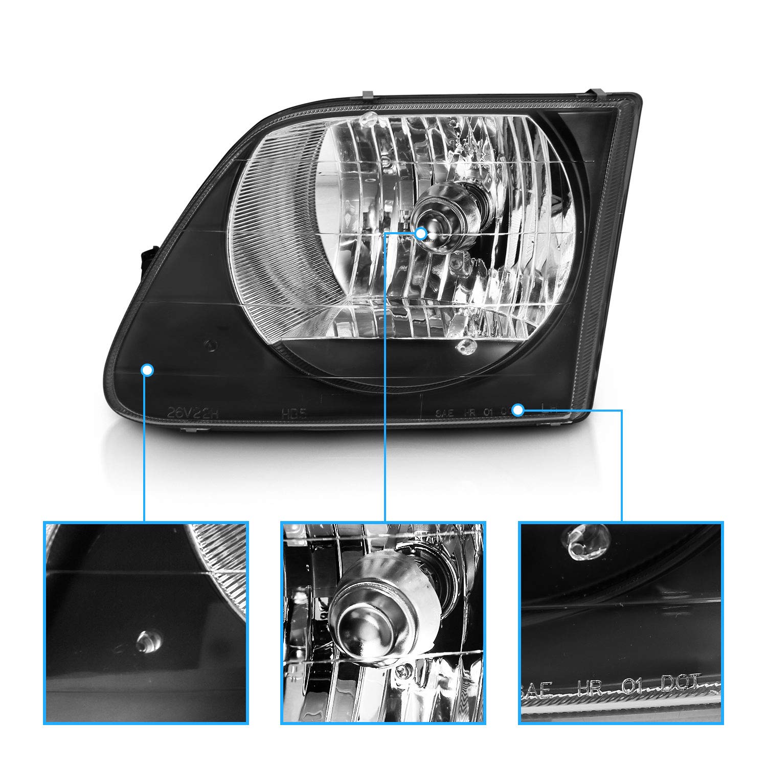 Amerilite For 1997-2003 Ford F150 F250 Expedition Factory Style W/Bulb Chrome Replacement Corner Headlights Set - Passenger And