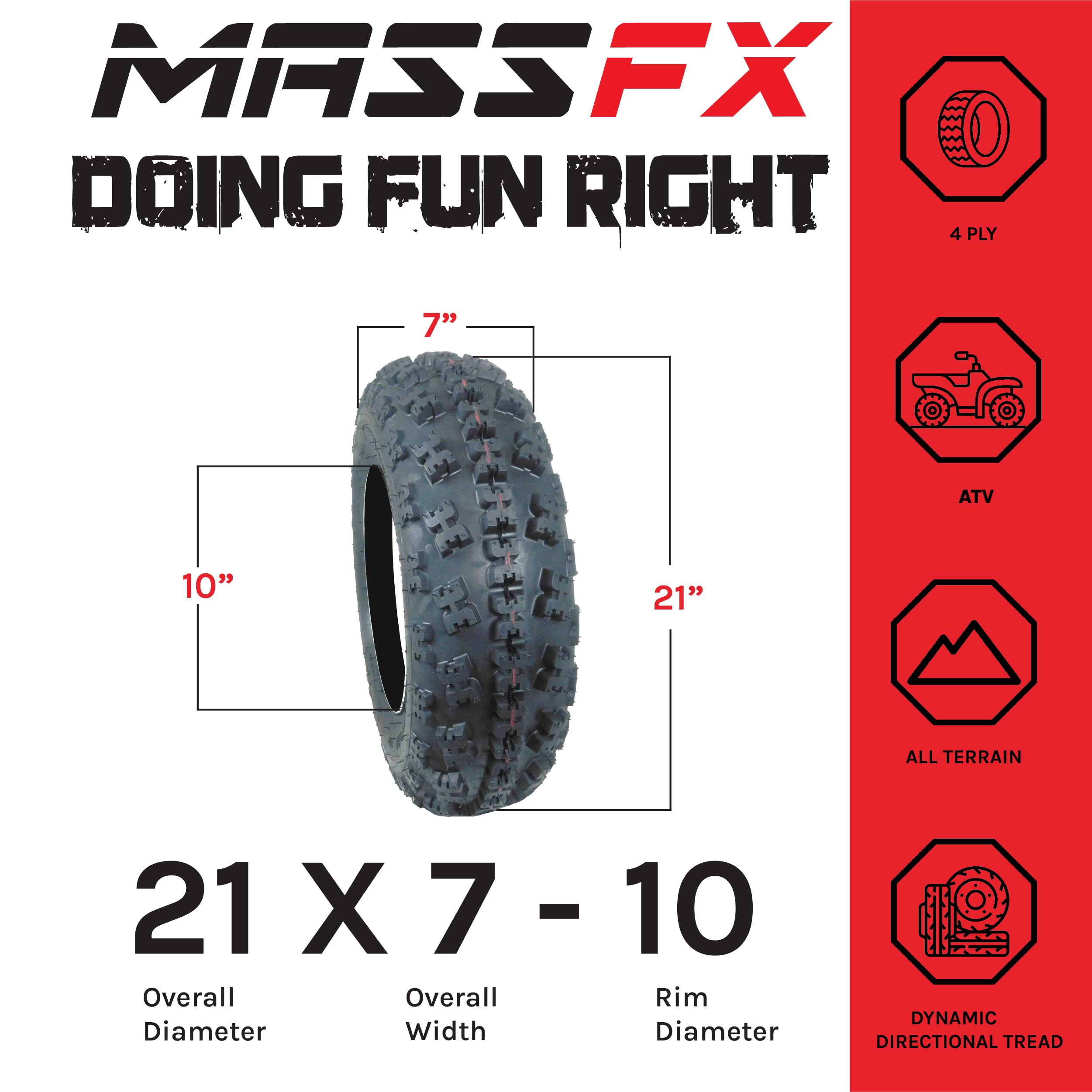 MASSFX 21x7-10 Front ATV/UTV Tires - 4-Ply, 15mm Tread Depth, Set of 2