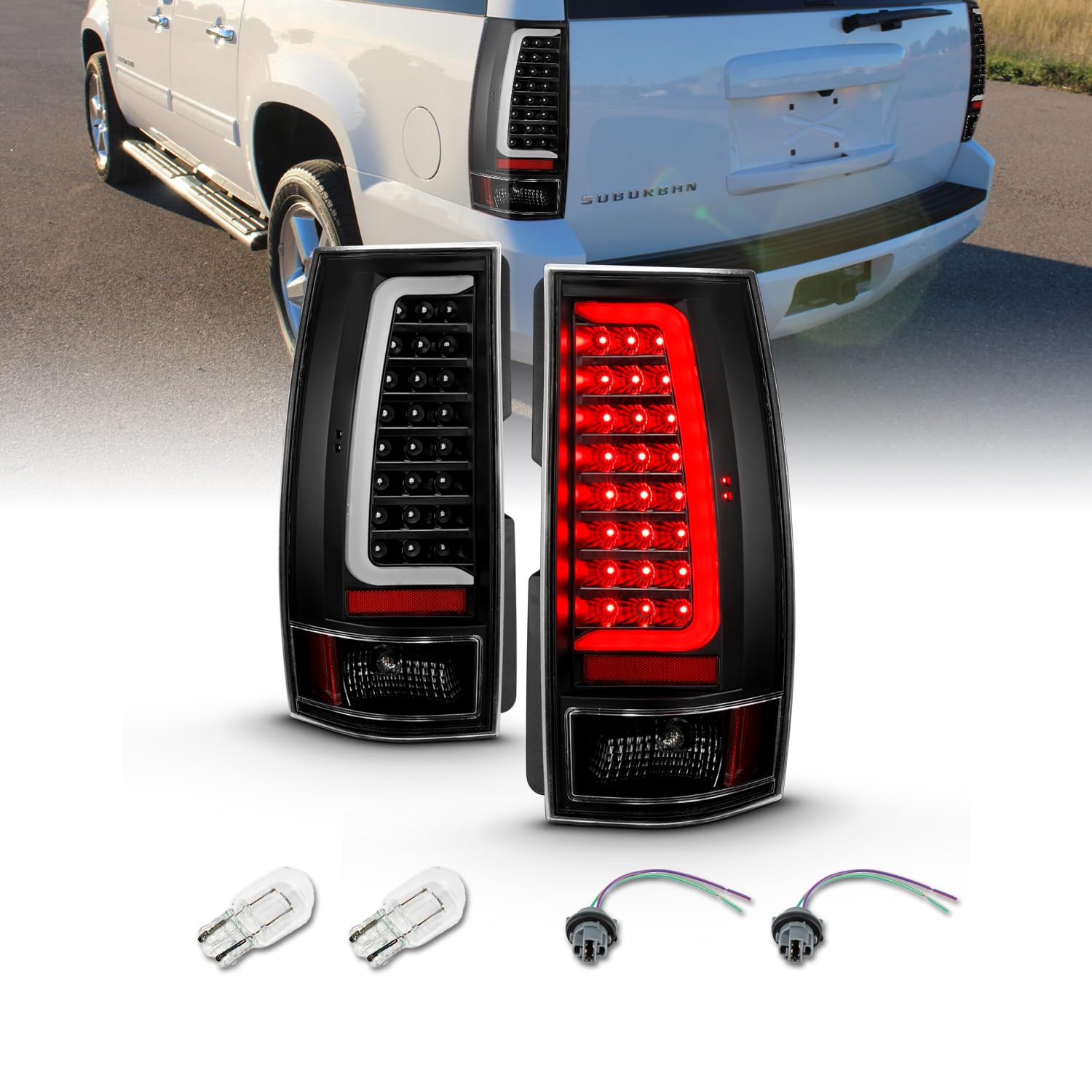 AmeriLite LED Tube Tail Lights Set for 2007-2014 Chevy Tahoe/Suburban & GMC Yukon XL Denali - Clear Black - Driver & Passenger Side