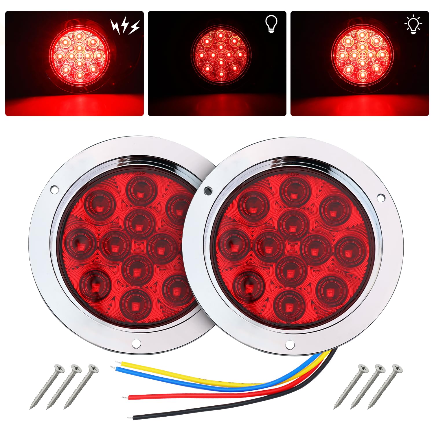 TMH 2 Pack of 4 Inch Round Red LED Flashing Strobe Trailer Tail Lights, 12 LED with Chrome Housing, Strobe Solid Flash Patterns,