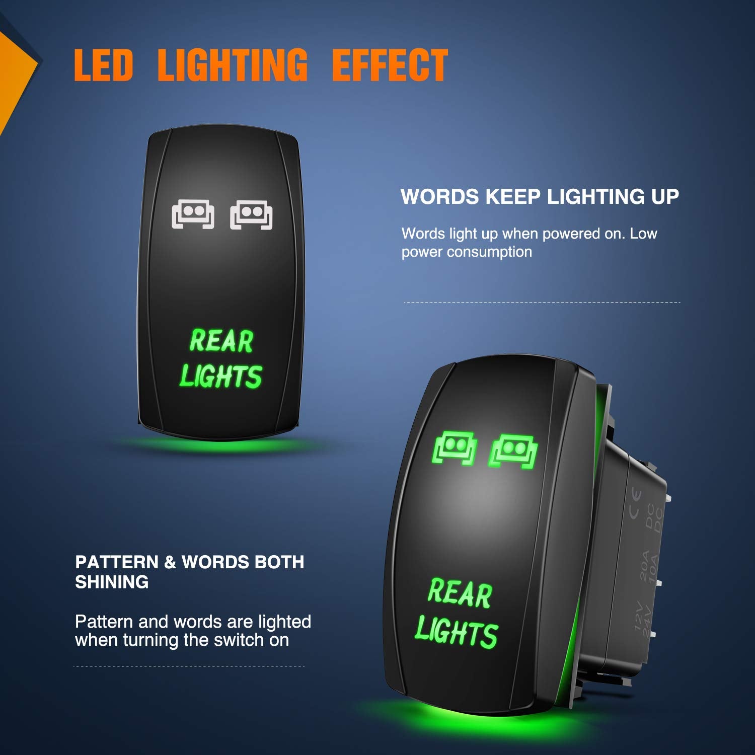 Nilight Rear Lights Rocker Switch Led Light Bar Switch 5Pin Laser On/Off switches Green 20A/12V 10A/24V Switch with Jumper Wires