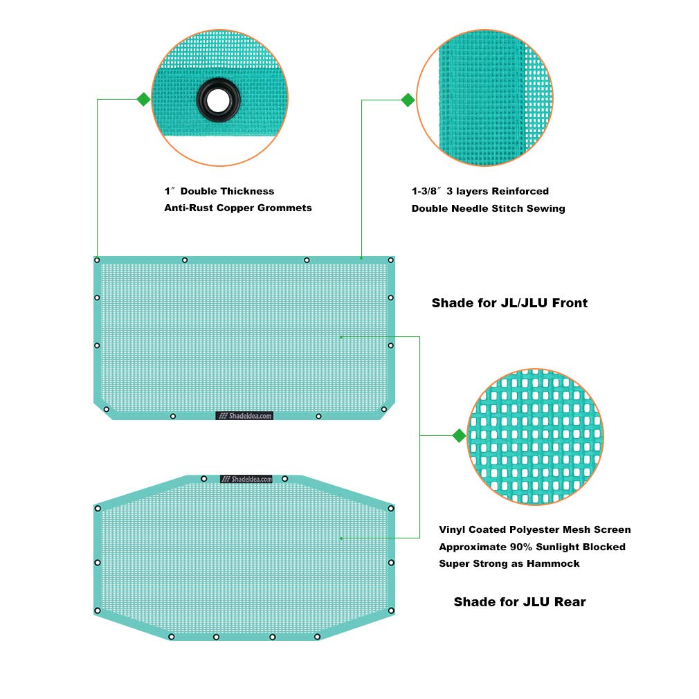 Shadeidea Sun Shade Top For Jeep Wrangler Jl Unlimited (2018-2023) 4 Door Front And Rear 2 Piece-Tiff Blue Mesh Screen Sunshade