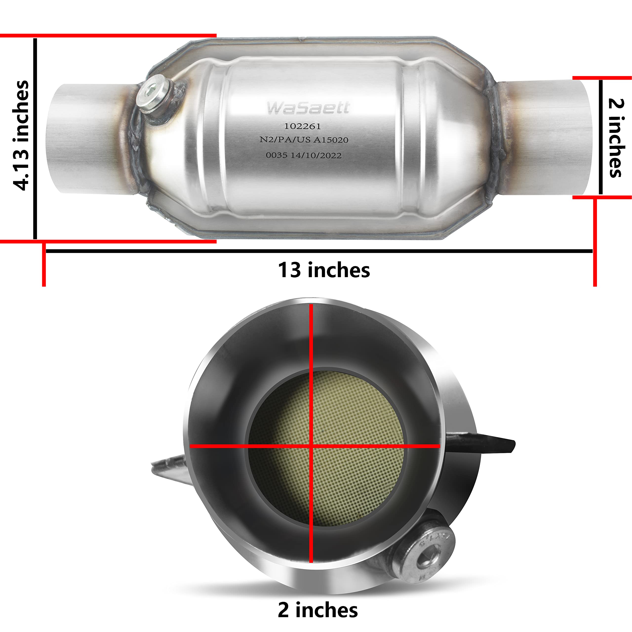 Wasaett 2' Catalytic Converter Universal 2 Inch Inlet/Outlet Cat Converter With O2 Port And Heat Shield (Epa Compliant)