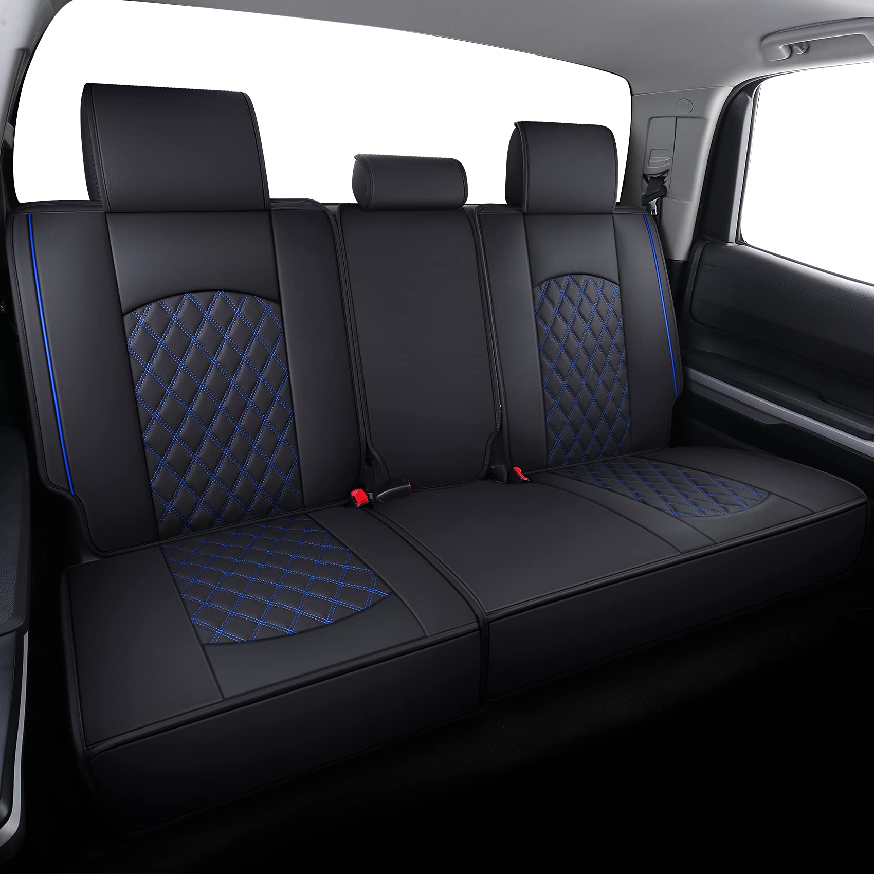 YIERTAI Truck Seat Covers, Faux Leather, 5 PCS Full Set, Waterproof, Compatible with 2008-2025 Toyota Tundra, Black-Blue