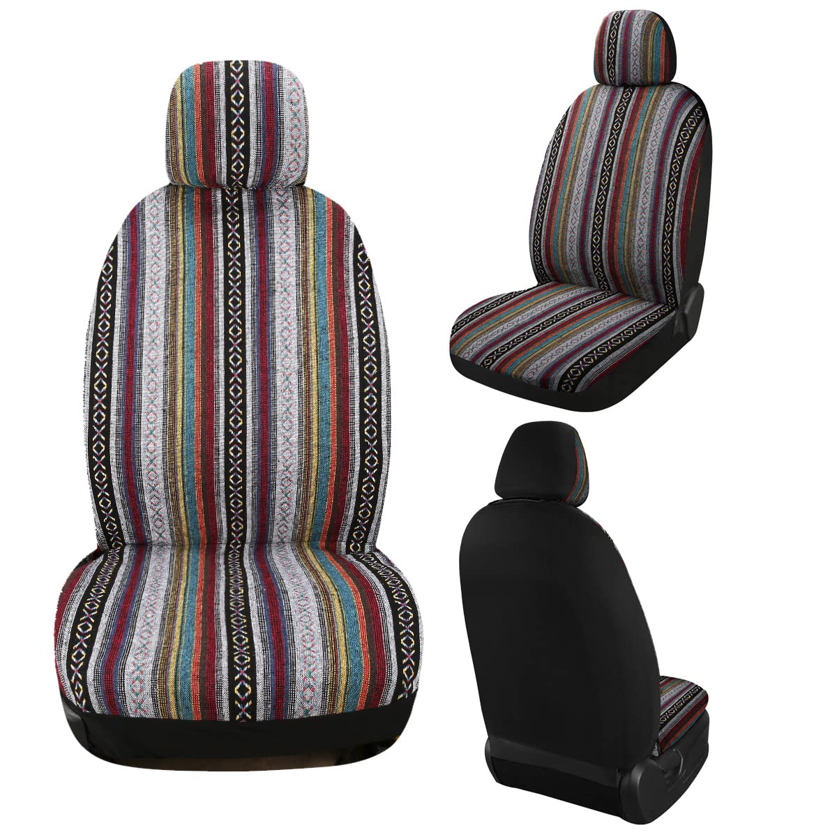 PONYJOYUP Baja Saddle Blanket Car Seat Covers 4PCS Front, Breathable and Washable Striped Woven Automotive Vehicle Seat Cover, U