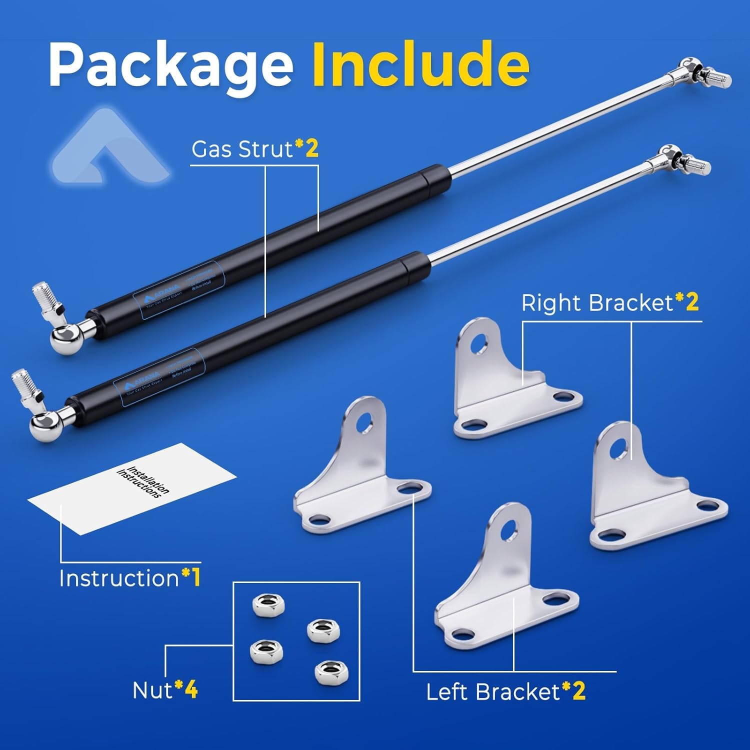 ARANA 28 Gas Struts 250lb Shock Props with Mounting Brackets for Heavy Duty Lid, Murphy Queen Bed, RV Bed, Trap Door, 2Pcs