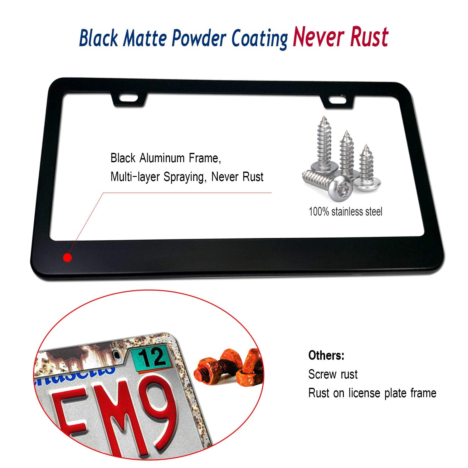 AOOTF Anti Theft License Plate Frame - Heavy Duty Black Aluminum, 2 Pack with Stainless Steel Lock Security Screws, Universal Fit