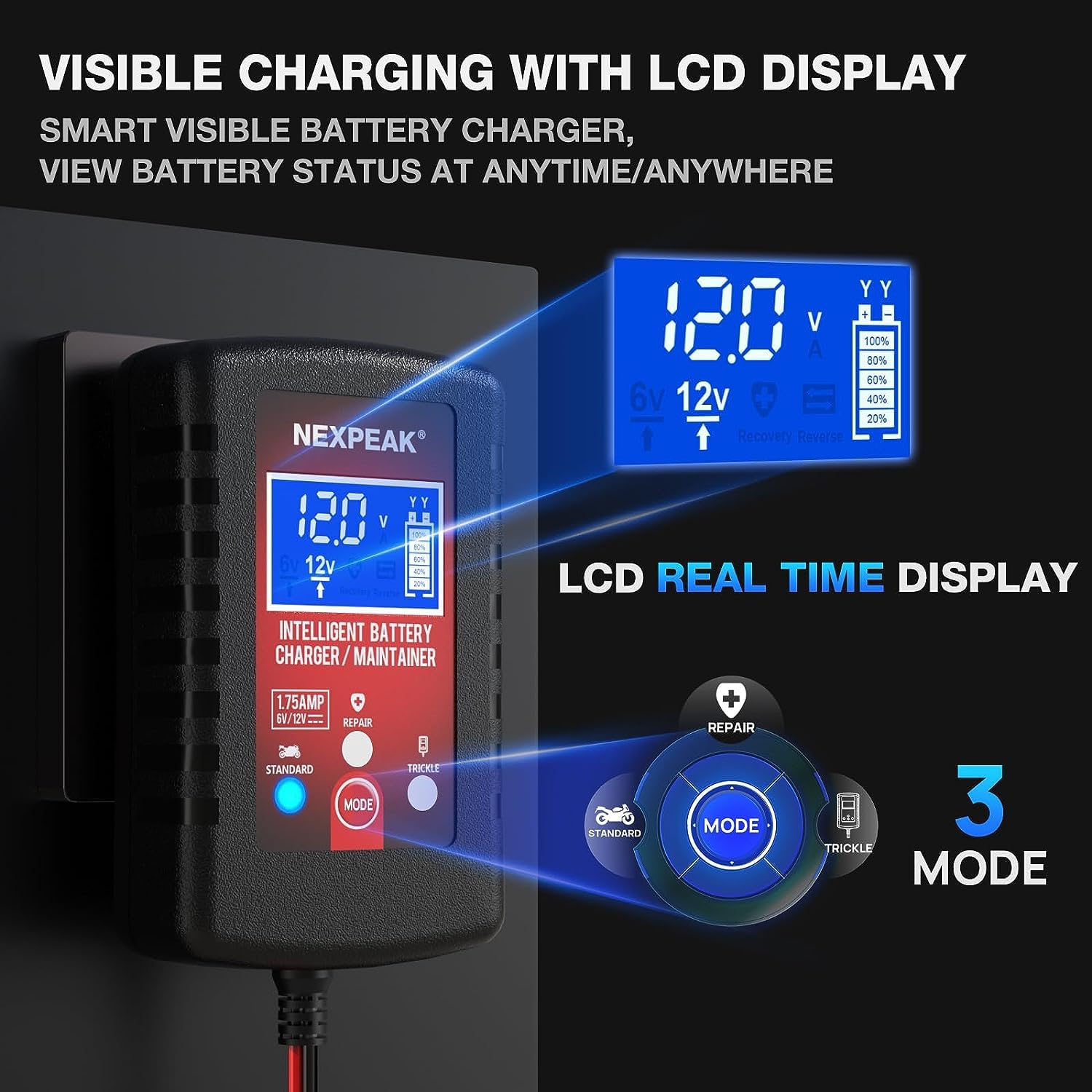 NEXPEAK 1.75-Amp Smart Car Battery Charger, 6V/12V Fully Automatic, Model NC175, Trickle Charger for Lead Acid Batteries