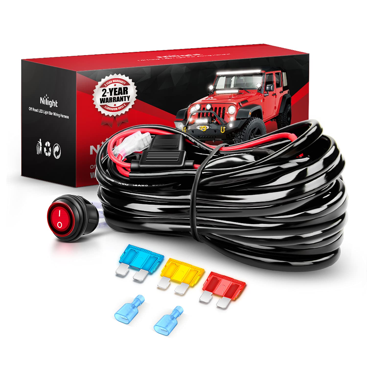 Nilight Wiring Harness Kit 14Awg Heavy Duty 12V On-Off Switch Power Relay Blade Fuse For Off Road Led Work Light Bar-One Lead