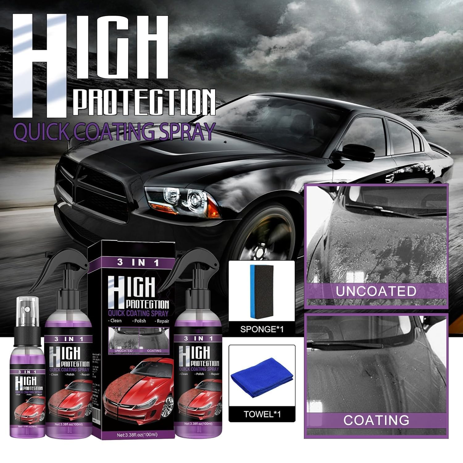 TurboShineNexa,2025Upgrade3in1HighProtectionFastCarPaintSpray,CarCoatingCleaningSpray,RepairingAction,CarScratch Remover(2pcs)