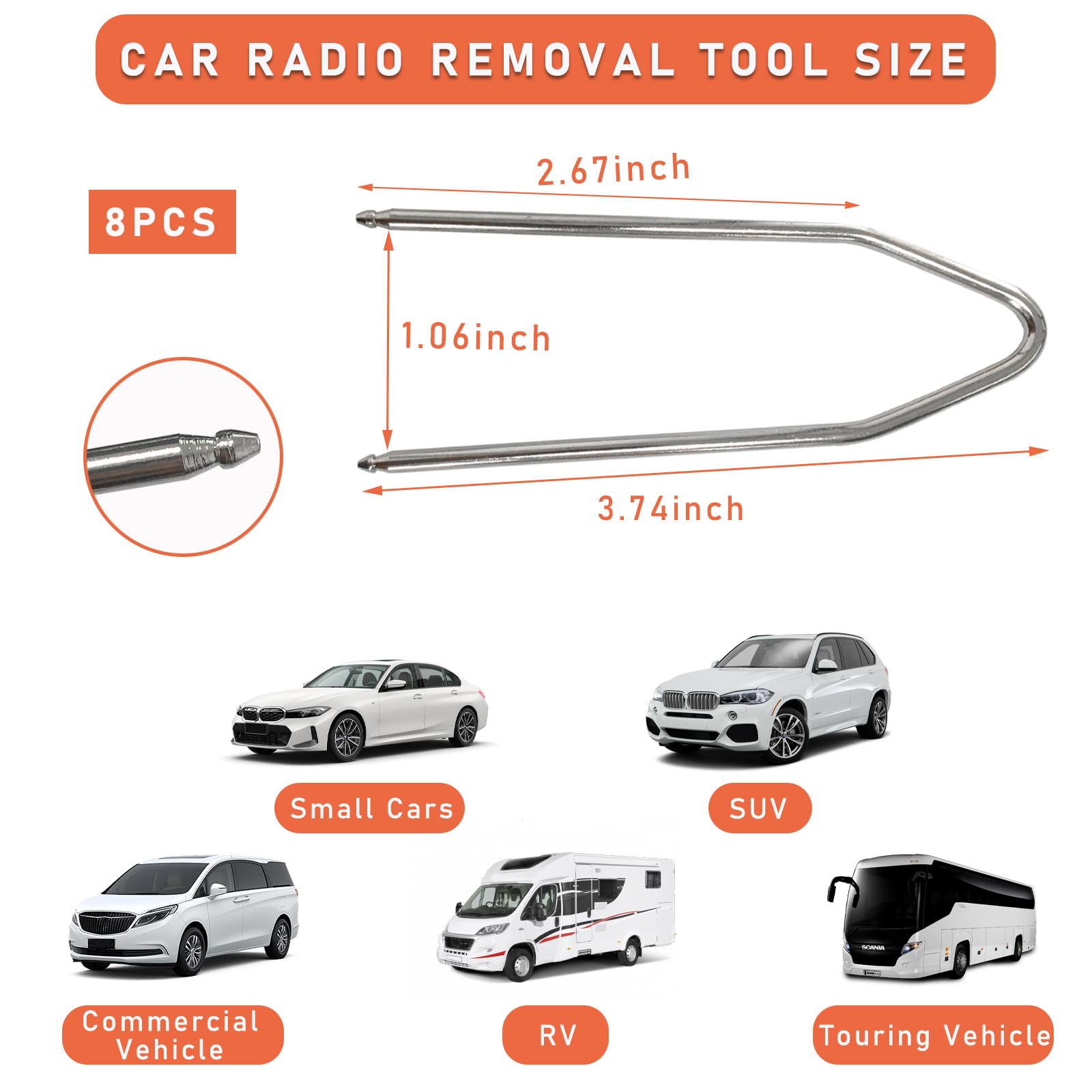 Dickno 8 Pcs Car Radio Removal Pry Tool, V-Shaped Stainless Steel Dvd Host Disassembly Tool Kit, Radio Remover Fits Most Vehicle