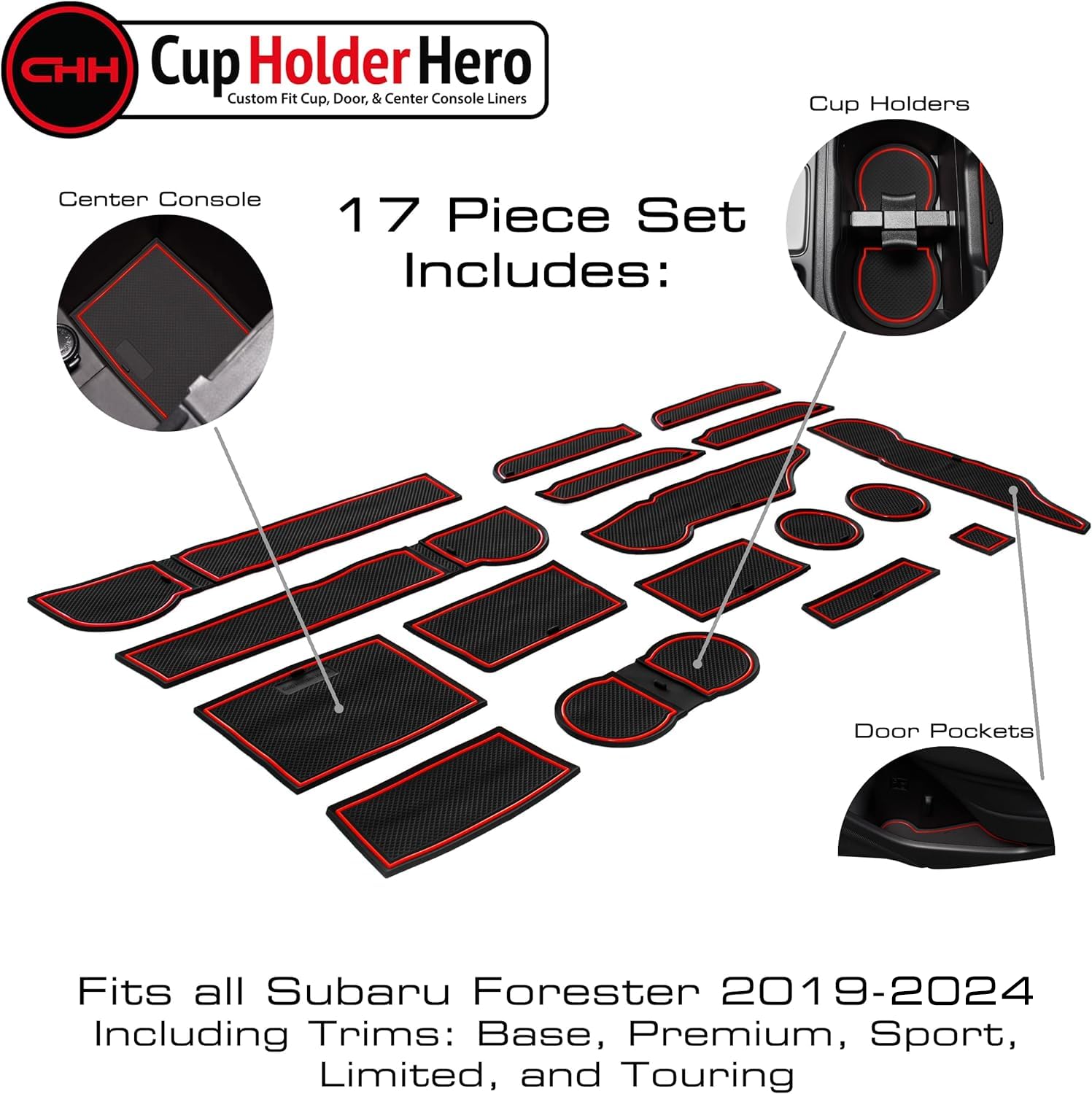 CupHolderHero Cup Holder Inserts Set for Subaru Forester 2019-2023, Non-Slip Rubber, Red Trim, 17-pc Center Console & Door Pocket Liners