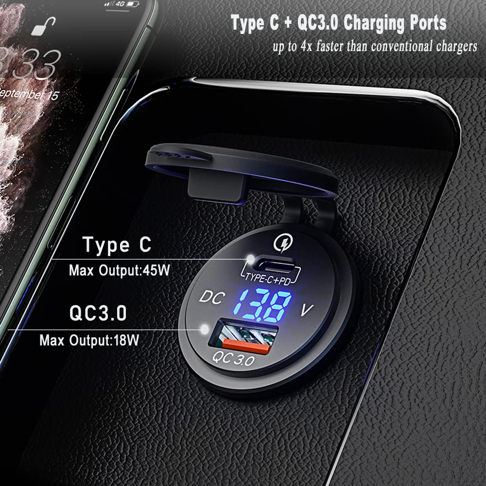 Gemcoo 63W Usb C Car Charger Socket, 45W Pd Outlet 18W Quick Charge 3.0 Usb Charger Socket, Usb Cigarette Lighter Socket With Le