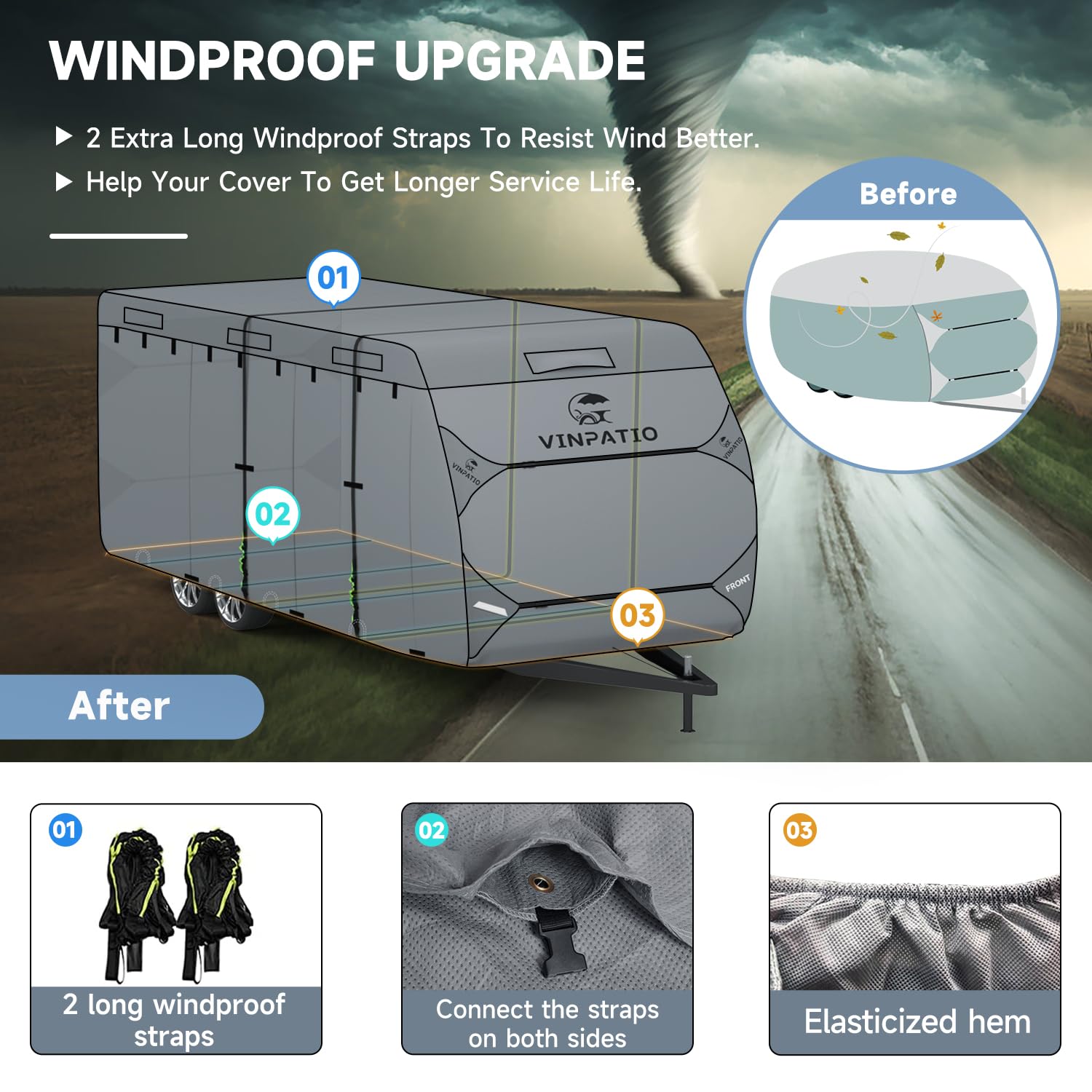 Vinpatio Heavy Duty Rv Cover - 7 Layers, Fits 27'-30' Travel Trailer, Toy Hauler & Camper, Windproof Straps, Gutter Covers