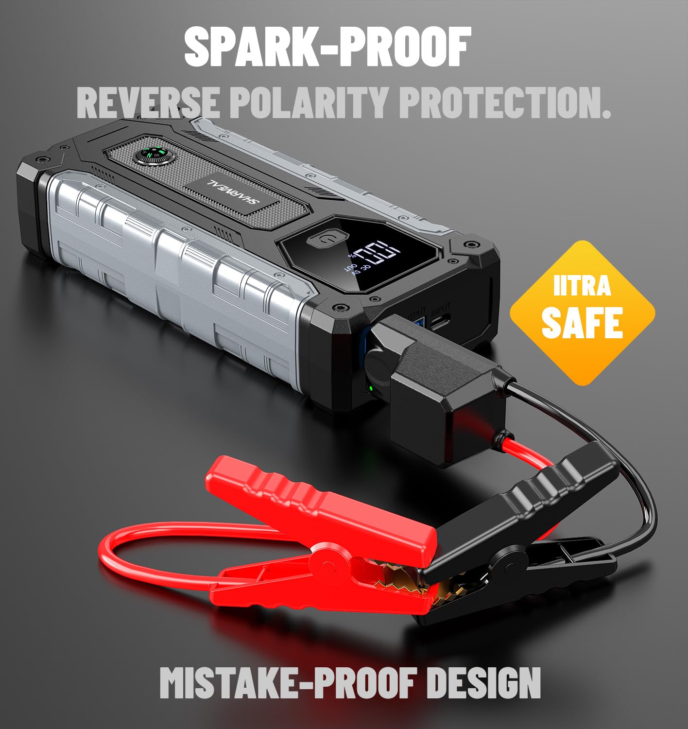 Sharmeal 6000A Car Battery Jump Starter, Portable 12V Jump Box with LED Light, Includes Charging Cable and Charger Block