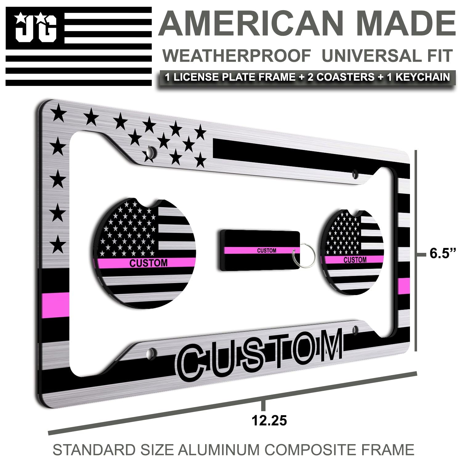 Thin Pink Line - Personalized American Flag License Plate Frame + 2 Coasters And A Keychain