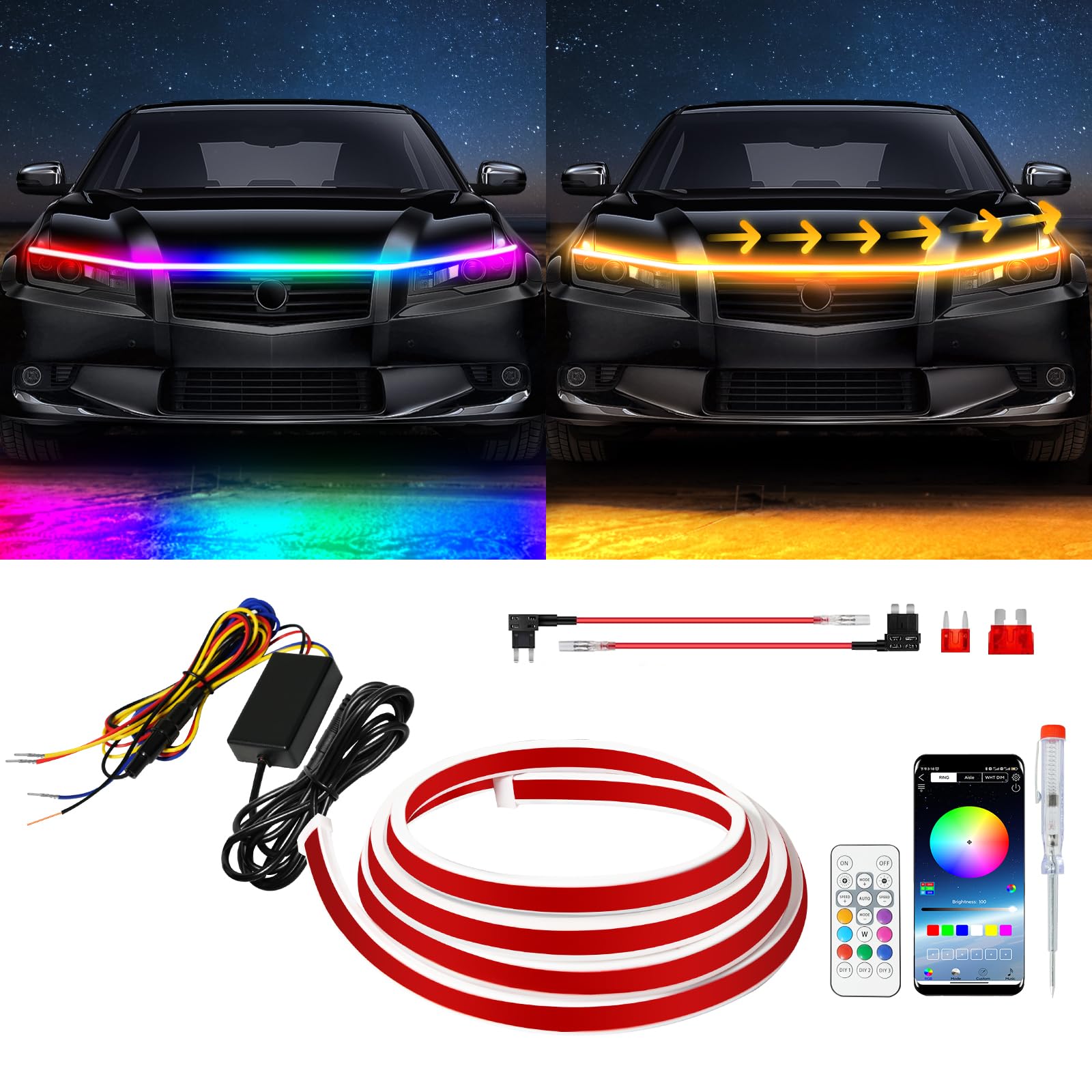 Exterior Car Led Hood Light Strip,Rgb Multicolor Dynamic Scan Start Up Hoodbeam Kit L,12V Updated Waterproof Hood Glow Lights Fo