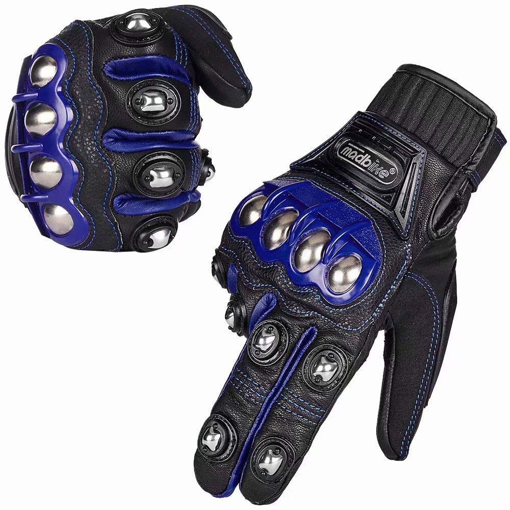 ILM Alloy Steel Leather Hard Knuckle Touchscreen Motorcycle Bicycle Motorbike Powersports Racing Gloves (L, (Leather) Blue) Mode