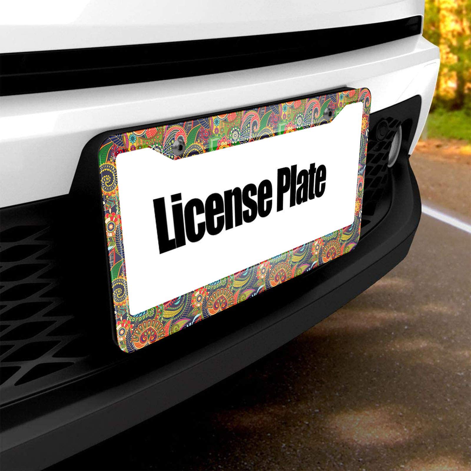HOSNYE Colorful Paisley Mandala License Plate Frame Horns Petals Leaves Indian Element Lace Turkish Metal License Plate Cover Fr