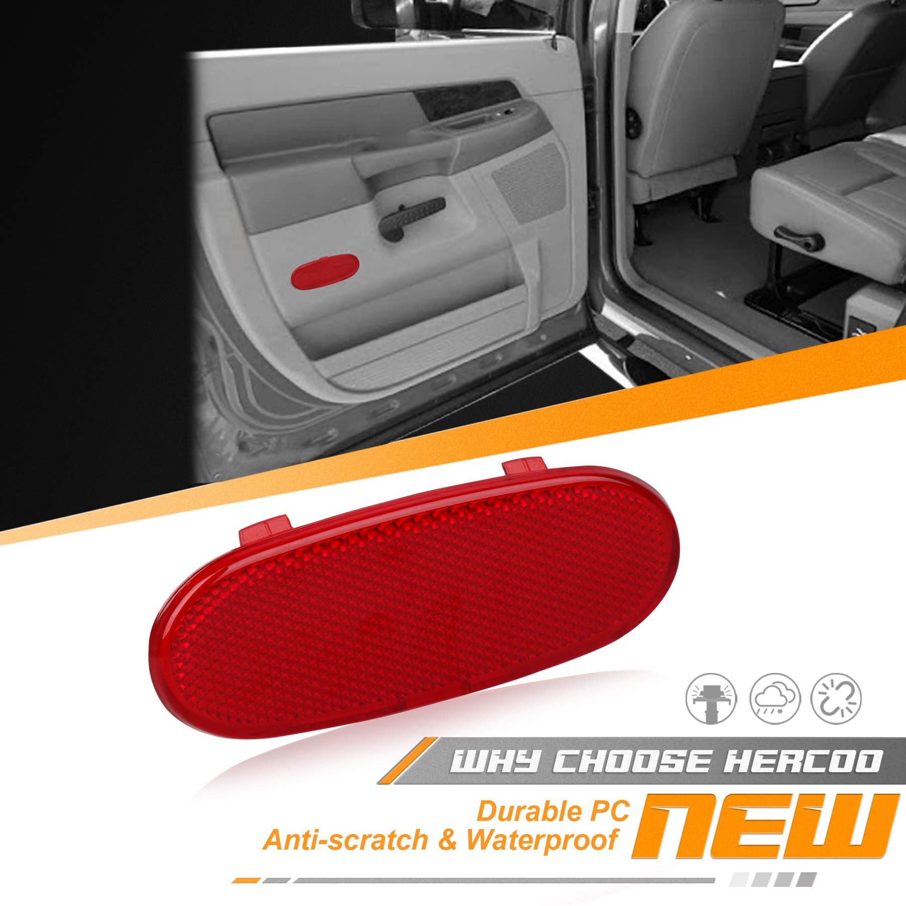 HERCOO Door Panel Reflector Interior Door Reflectors Red Front Reflector Light Cover Compatible with Dodge Ram 1500 2500 3500 Ra