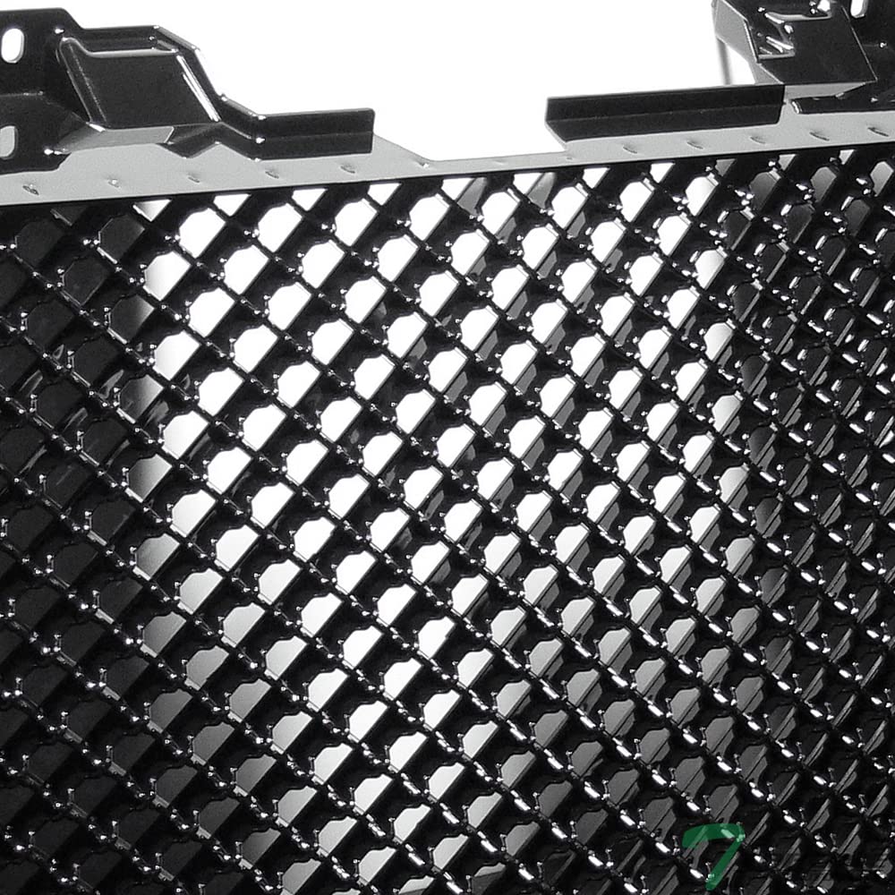 Glossy Black Mesh Front Upper Hood Grill + Lower Bumper Grille Guard ABS Compatible With 07-14 GMC Yukon/XL/Denali