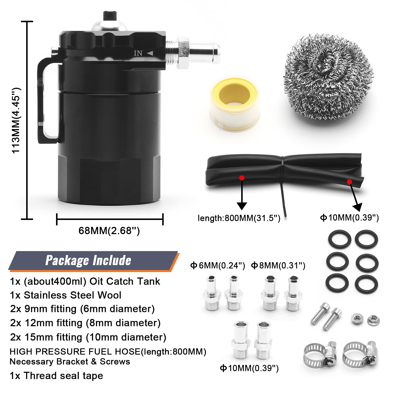 muge racing Universal Oil Catch Can Tank Kit Polish Baffled Reservoir with Breather Filter with 3/8'' Fuel Line,Aluminum,Black,4