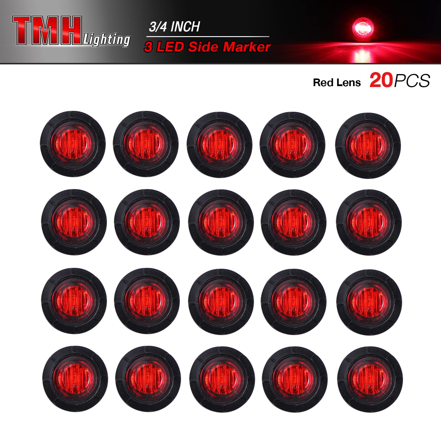 TMH LED Clearance Bullet Marker Lights - Pack of 20, 3/4 Inch, Red, Side Marker for Trailer, Truck, RV, Car, Bus, Van