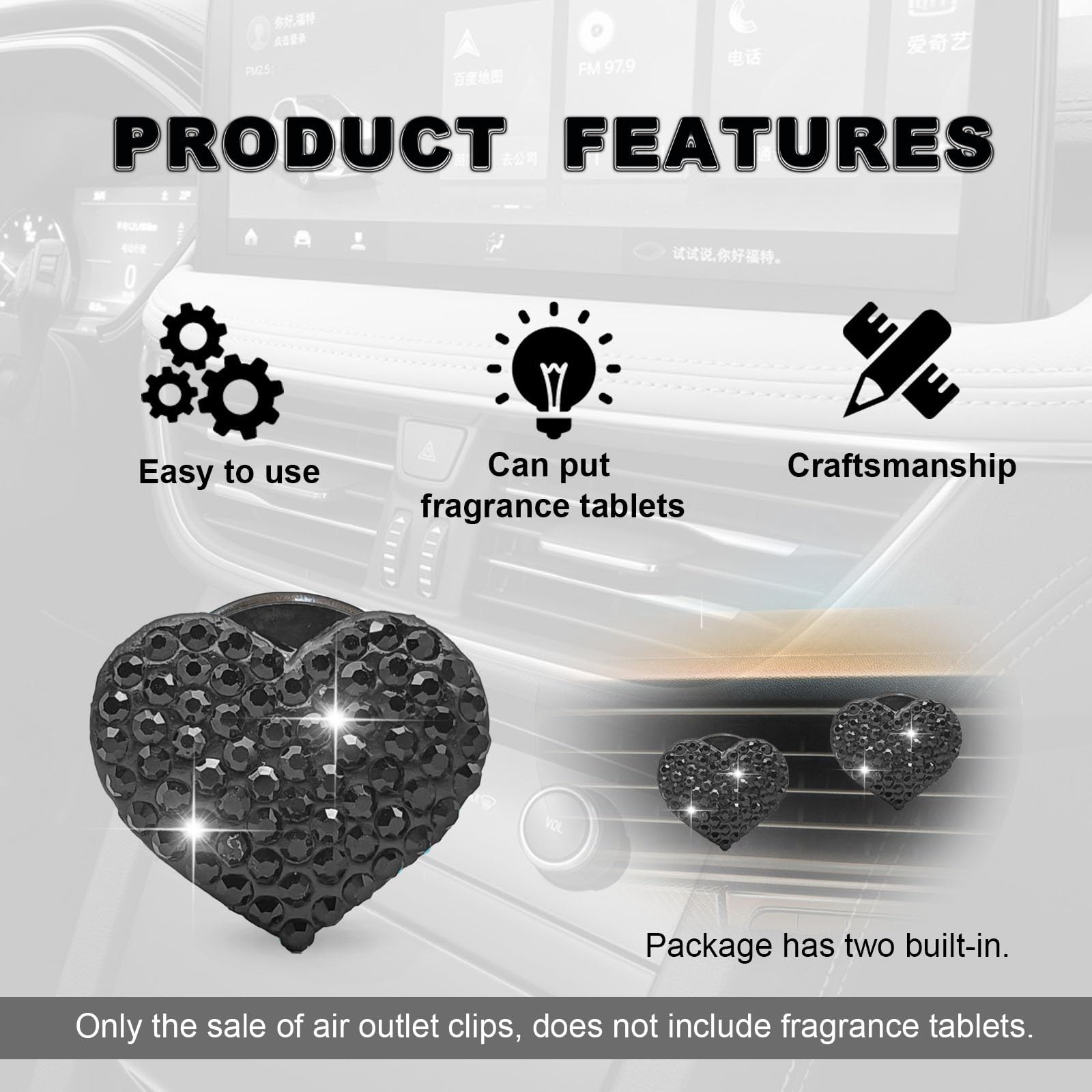 RBOKO 2Pcs Car Air Vent Clip, Bling Crystal Heart Charms Car Air Vent Clips, Car Air Conditioning Outlet Clip Decorative, Car In