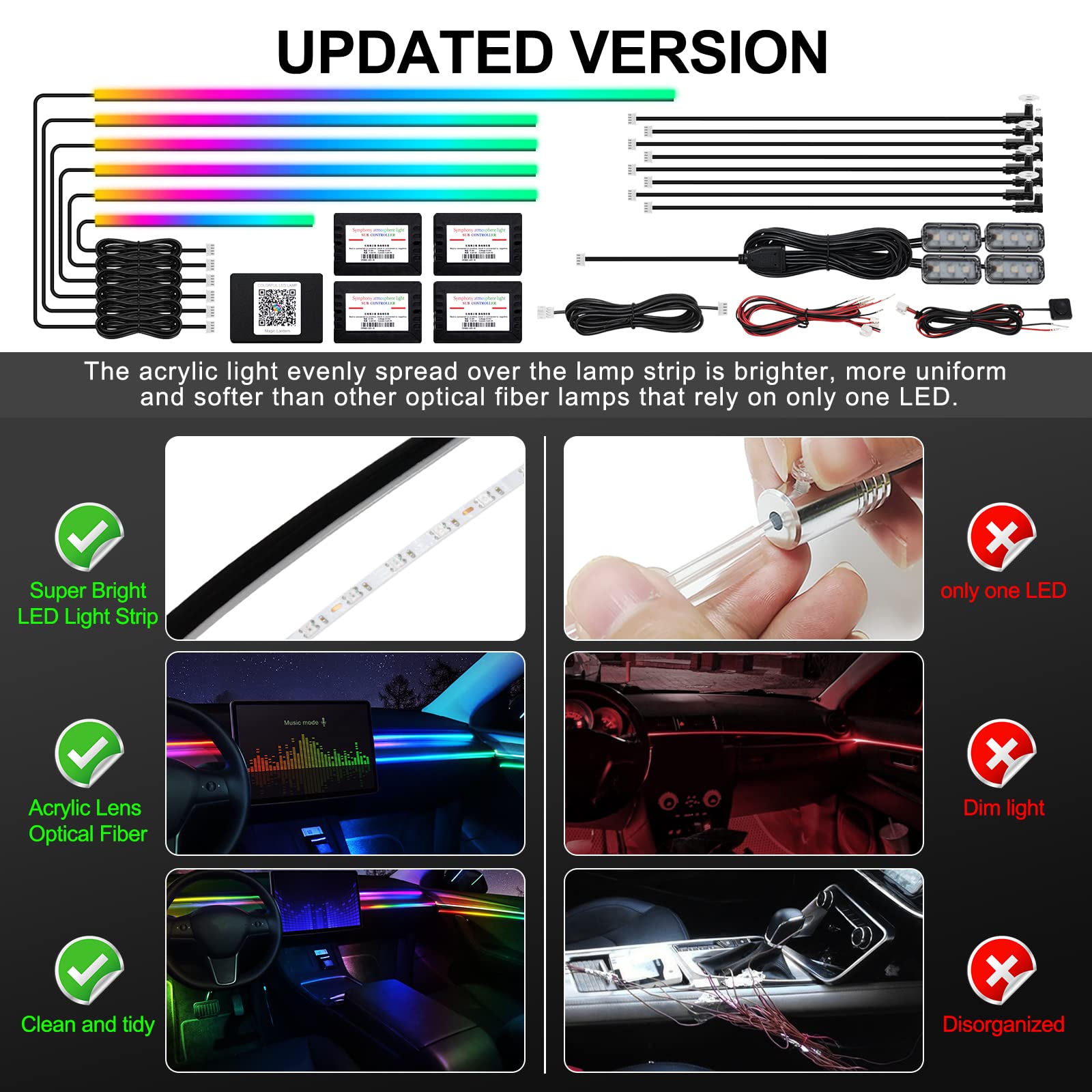 MAODANER Dreamcolor Acrylic Car LED Strip Light, RGB 18 in 1, 175" with 593 LEDs, Sound Active Function, Ambient Lighting Kits
