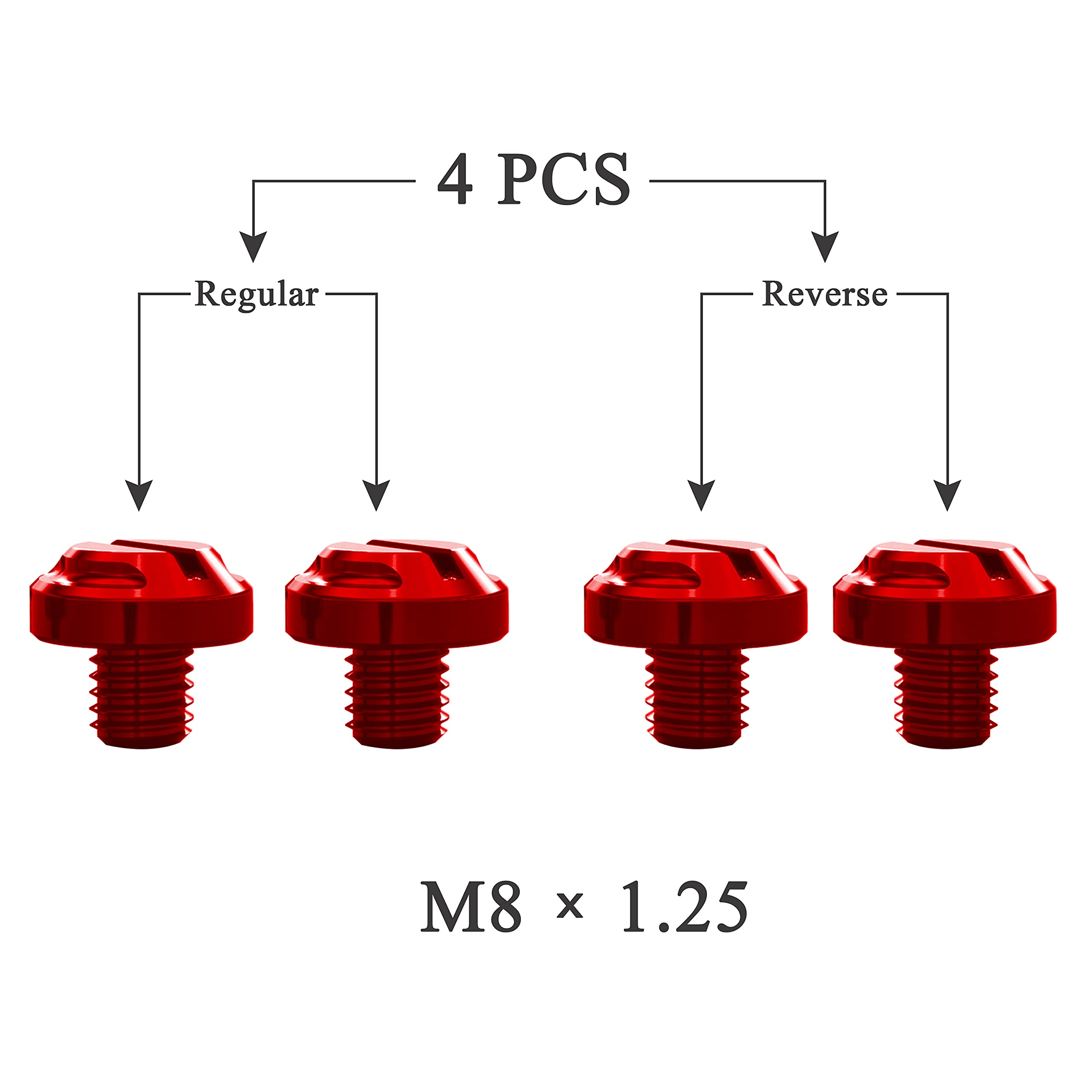 Averzella 4Pcs Motorcycle Red Mirror Hole Plugs 2 Regular+2 Reverse M8X1.25 (Red, M8>2 Regular + 2 Reverse)