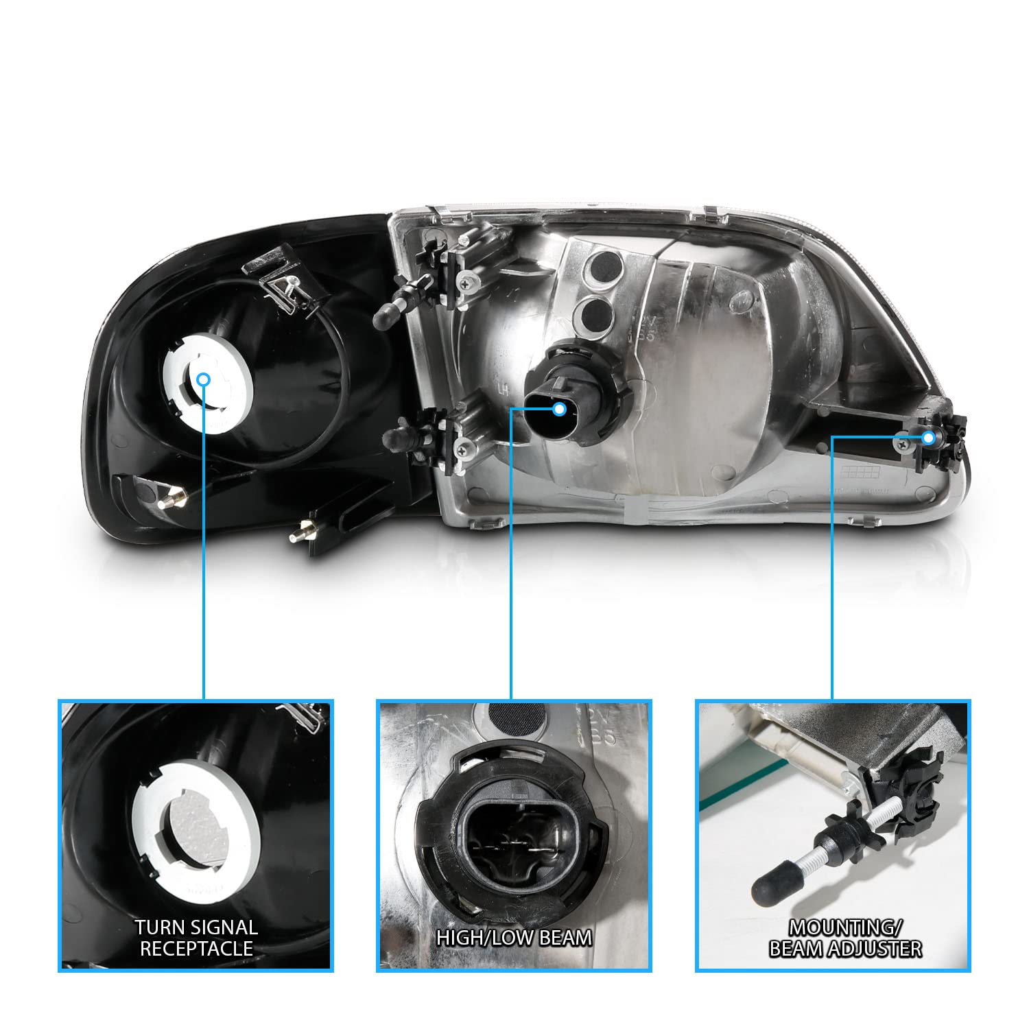 AmeriLite Halogen Headlights & Corner Parking Set for Ford F150 - Black, Crystal, Factory Style, Model 02-AZ-FF97-B-G2-SET-A
