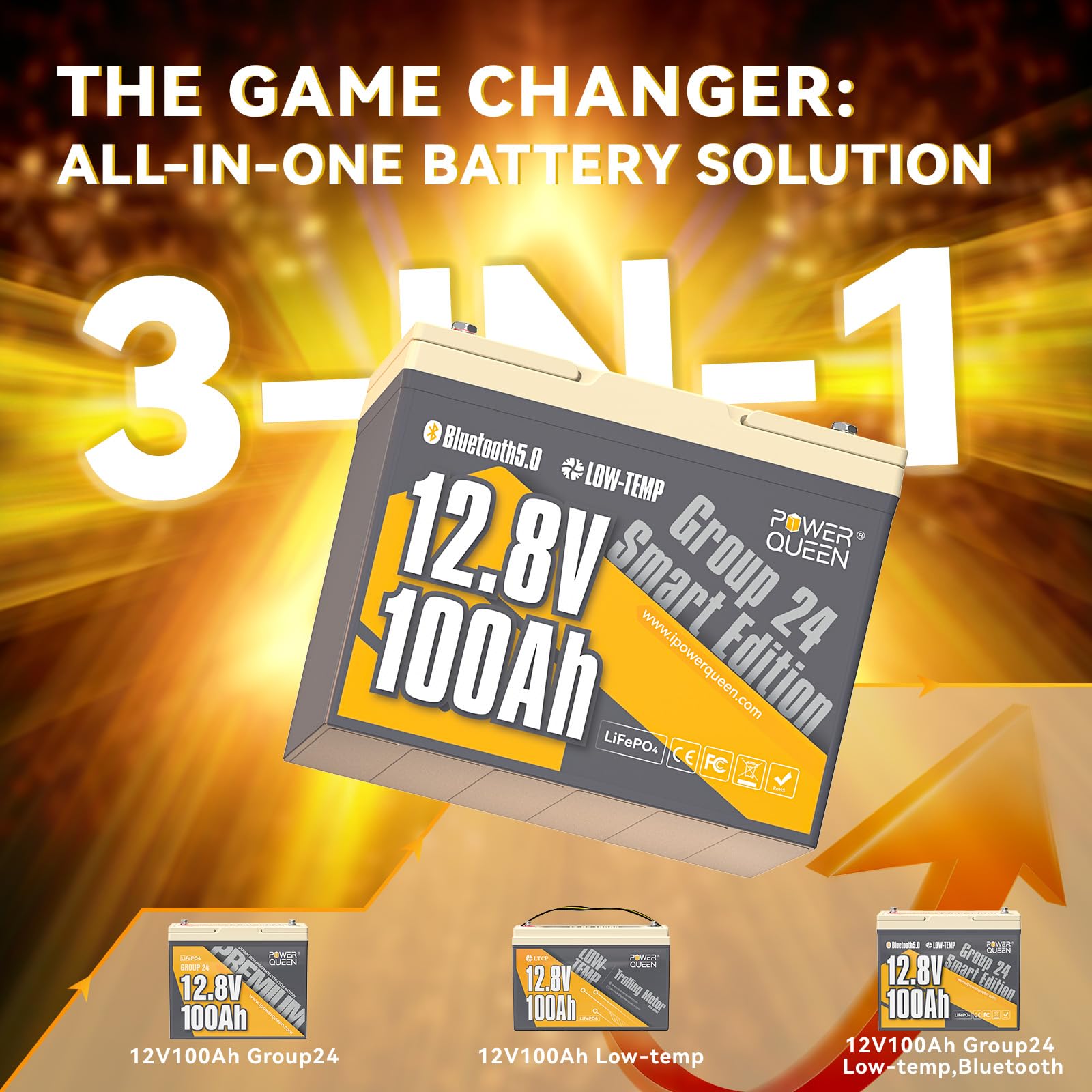 Power Queen 12V 100Ah LiFePO4 Battery - Deep Cycle Lithium, 1280W Output, Group 24, Low-Temp Cut-off for RV & Solar Systems