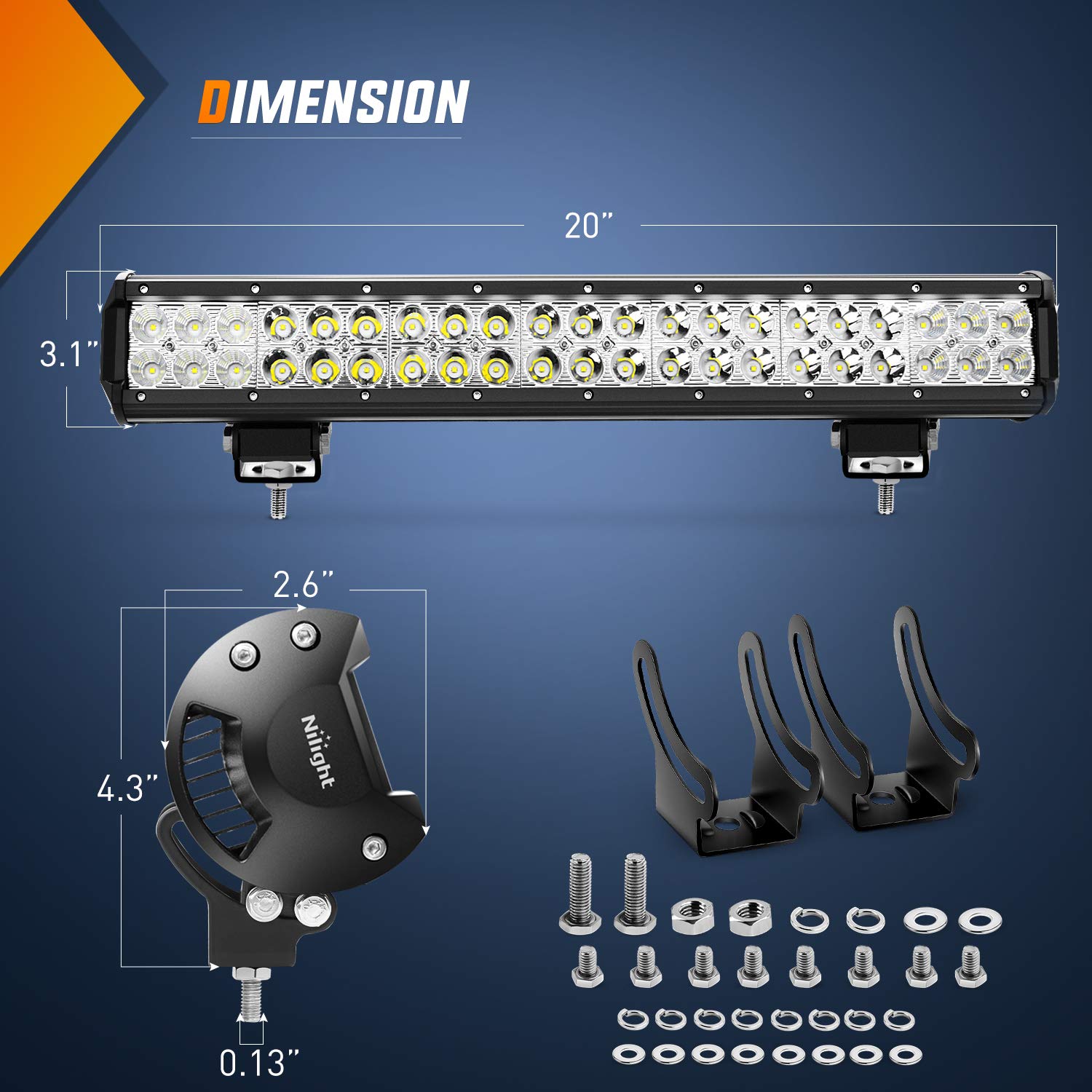 Nilight 20 Inch 126W Spot Flood Combo Led Light Bars Off-Road Light Mounting Bracket Horizontal Bar Tube Clamp With Off Road Wir