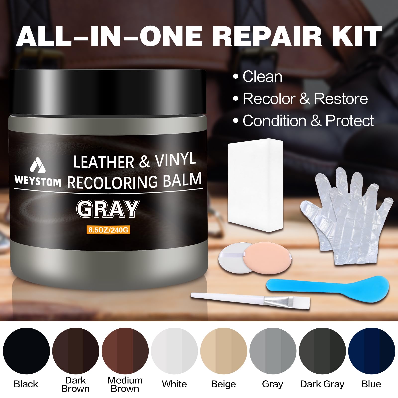Weystom Leather Recoloring Balm - Grey Leather Repair Kit For Furniture, Leather Dye, Recolor, Renew, Repair & Restore Aged, Fad