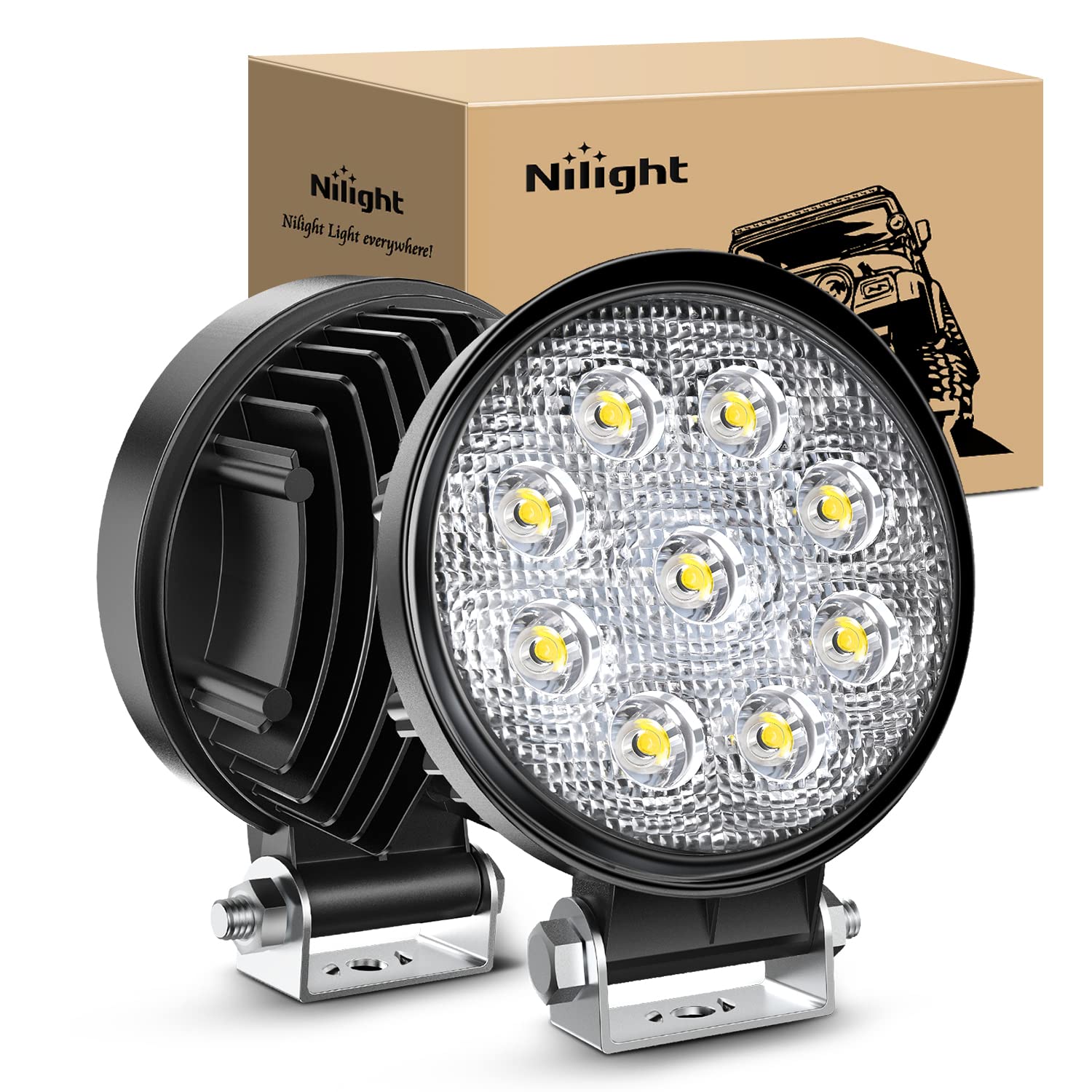Nilight 15016F-B Led 2Pcs 4.5'' 27W 3000Lm Round Flood Light Pod Off Road Fog Driving Roof Bar Bumper For Jeep,Suv Truck, Hunter