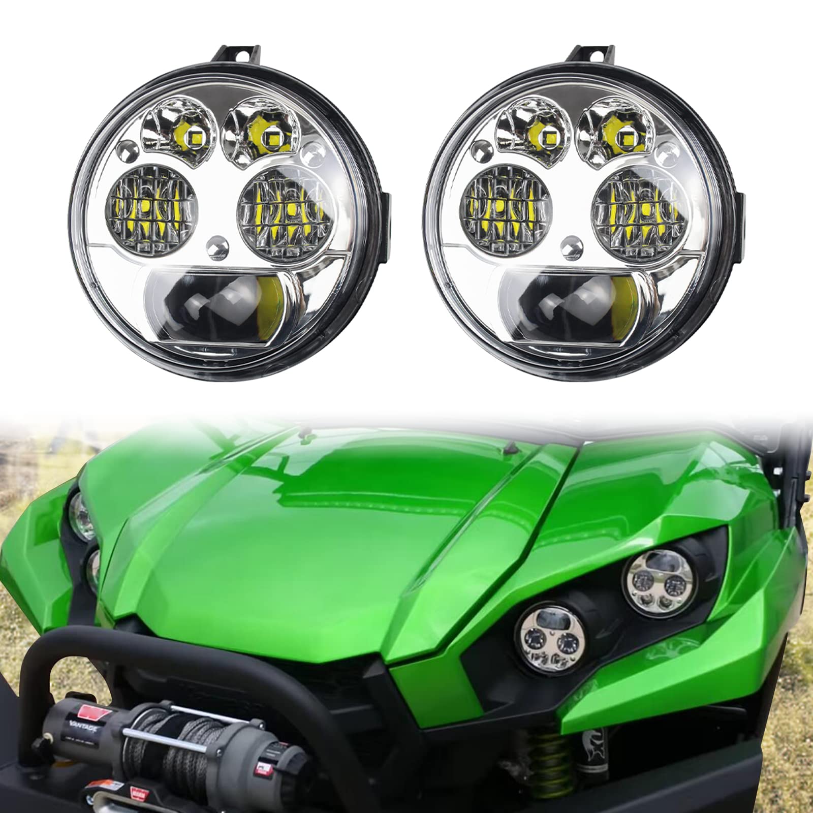 CPOWACE LED Headlight Assembly for Kawasaki Teryx/Teryx4/Brute Force, Chrome, 12V, 4.5 Inch High/Low Beam, Pair