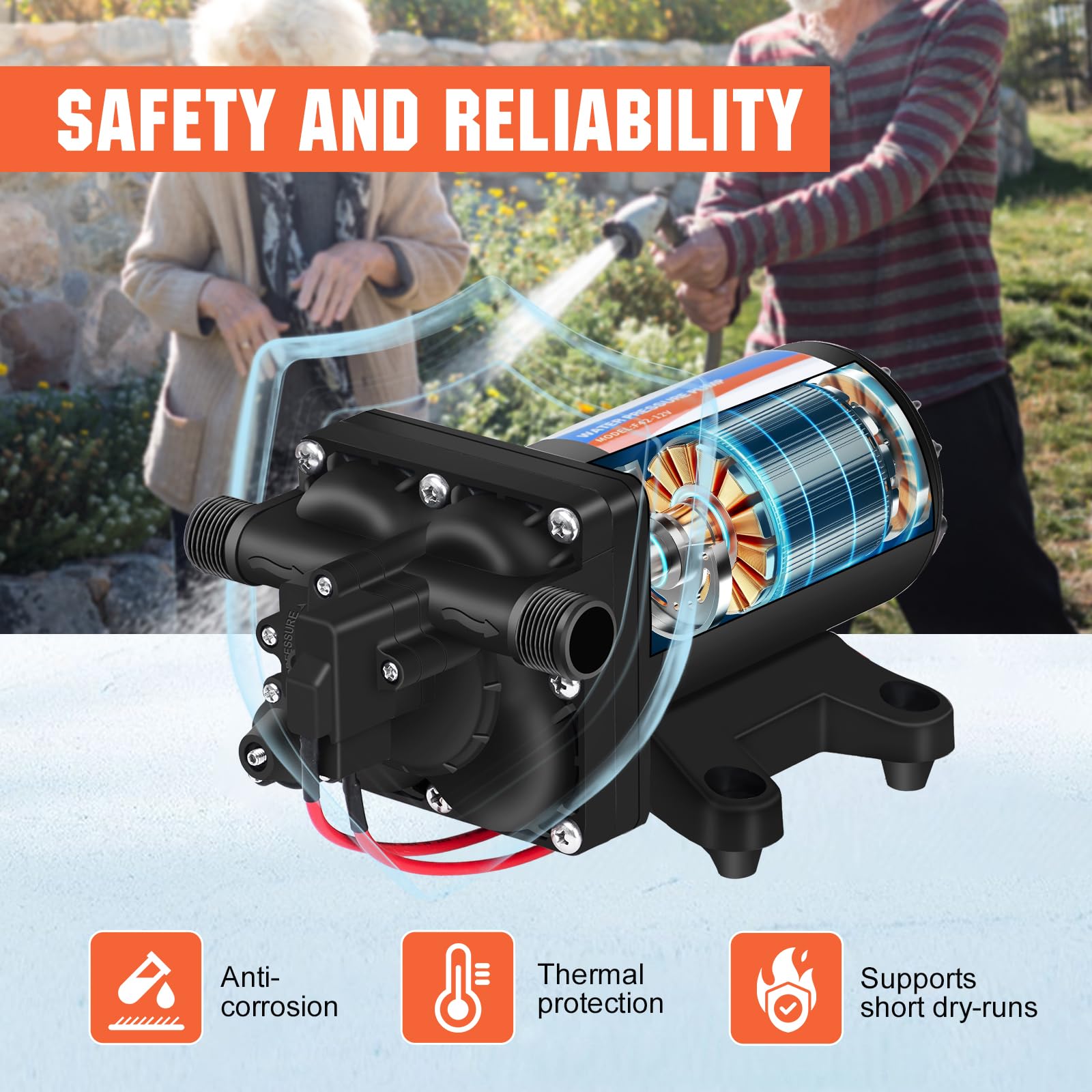 YoungTree 12V Water Pressure Pump 5.5GPM 70PSI, Stainless Steel, Black, Model F42-12V, On Demand Self Priming with Hose Adapters