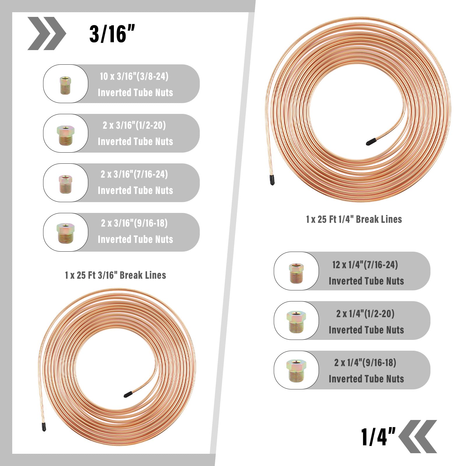 25Ft 1/4'' and 3/16'' Brake Line Kit with Includes 32 Inverted Flare Brake Line Fittings and Double & Single Brake Line Flaring