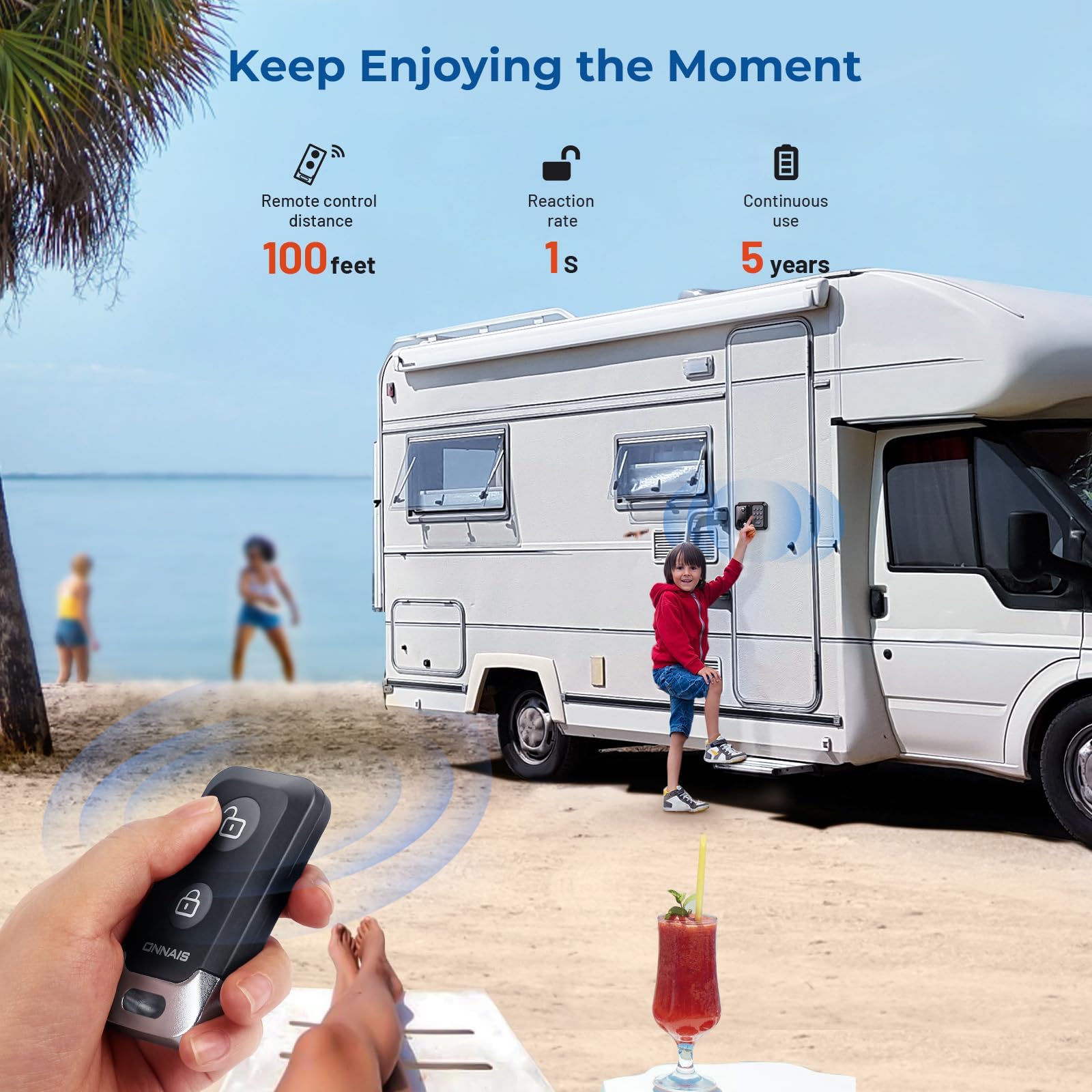 ONNAIS Keyless RV Door Lock - Full Metal, Password & Remote, Black, Model W007