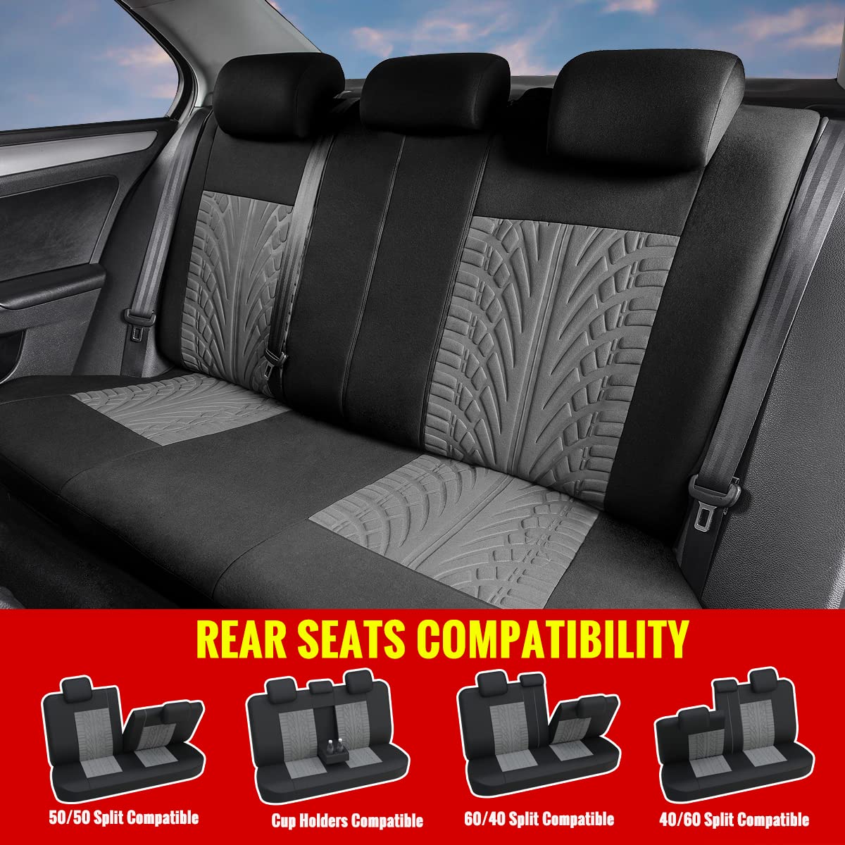 AUTOYOUTH Three Row Car Seat Covers Set, Gray Polyester, Universal Fit, 7 Headrests, Airbag Compatible for Cars, Trucks, SUVs
