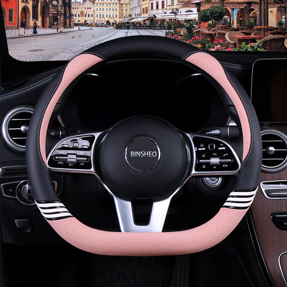 Binsheo Cute Steering Wheel Cover D Shape For Girls Women Universal 15 Inch,Black And Pink