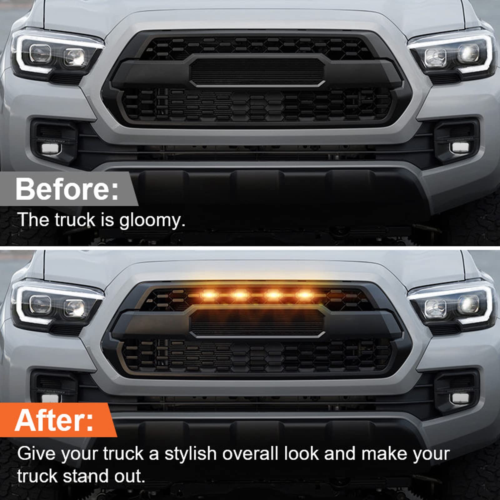 Led Grill Lights For 2016-2022 Aftermarket Toyota Tacoma Trd Pro Grille With Harness & Fuse(Amber Light With Amber Housing)