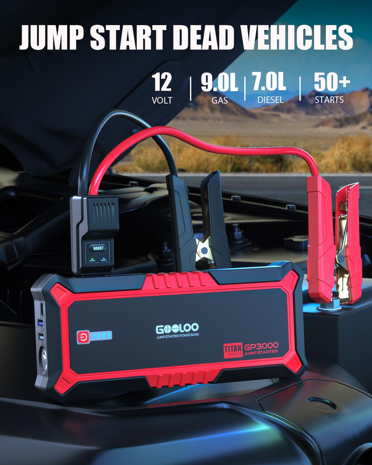 GOOLOO GP2000 Jump Starter 2000A Peak for Gas/Diesel Engines, Portable Red Lithium Battery Booster with USB Quick Charge