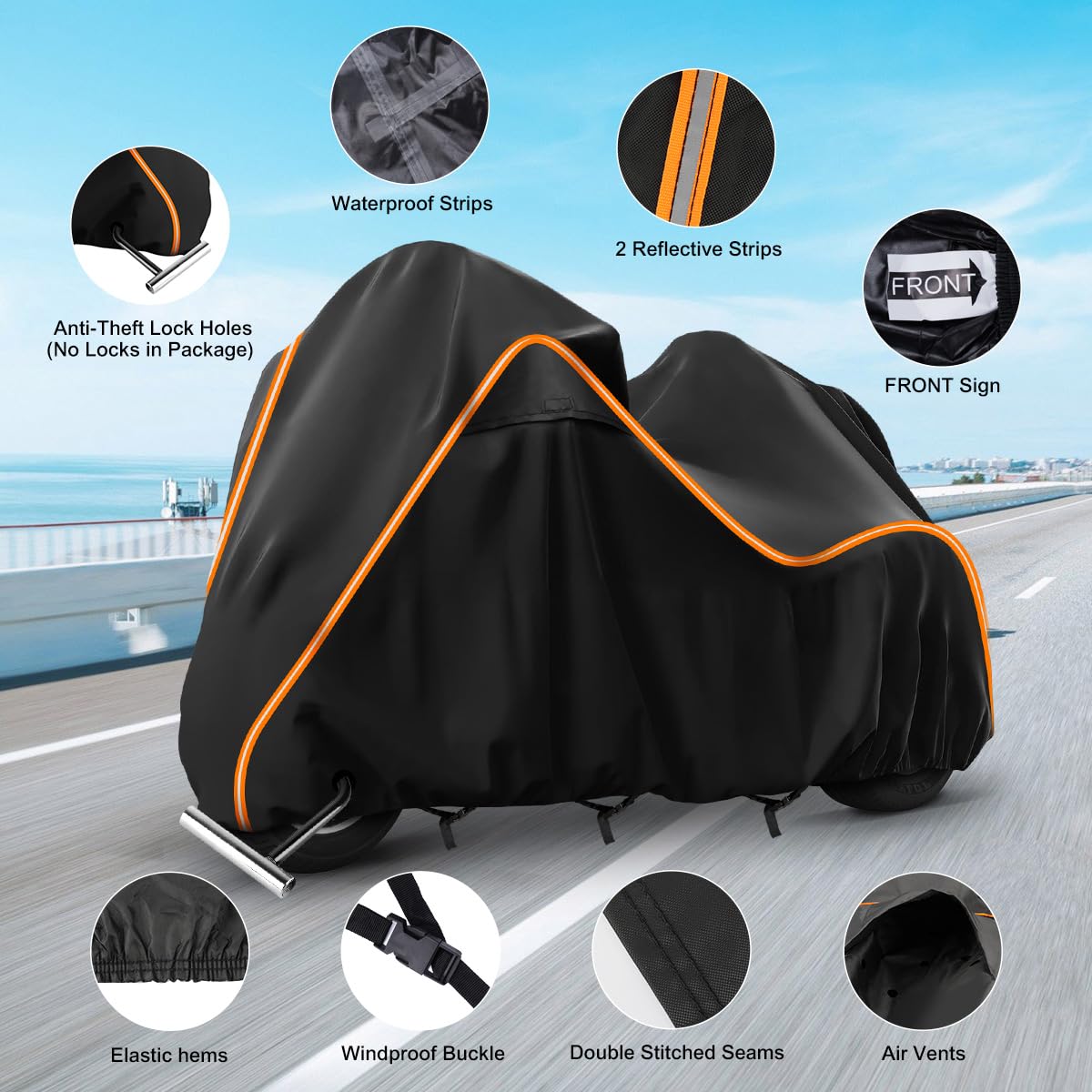 BIGACOVER 420D Motorcycle Cover for Trike Models - Heavy Duty Waterproof, Windproof, Black, Model XB304, with Antenna Openings & Heat Insulation