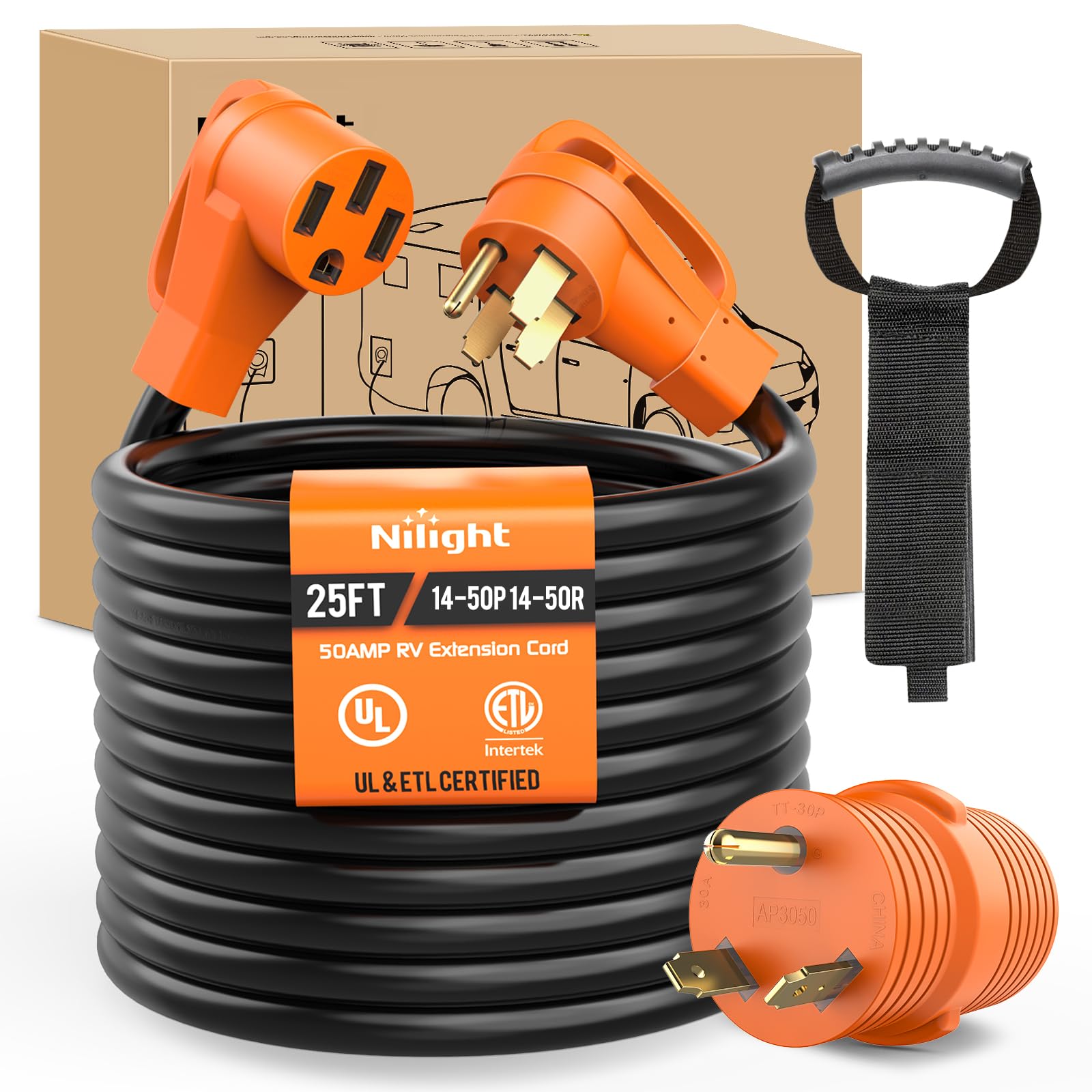 Nilight 25Ft 50 Amp Rv Extension Cord With Adapter 30Amp To 50Amp 250V Heavy Duty 6/3+8/1 Gauge Pure Copper Stw Wire Ul Etl List