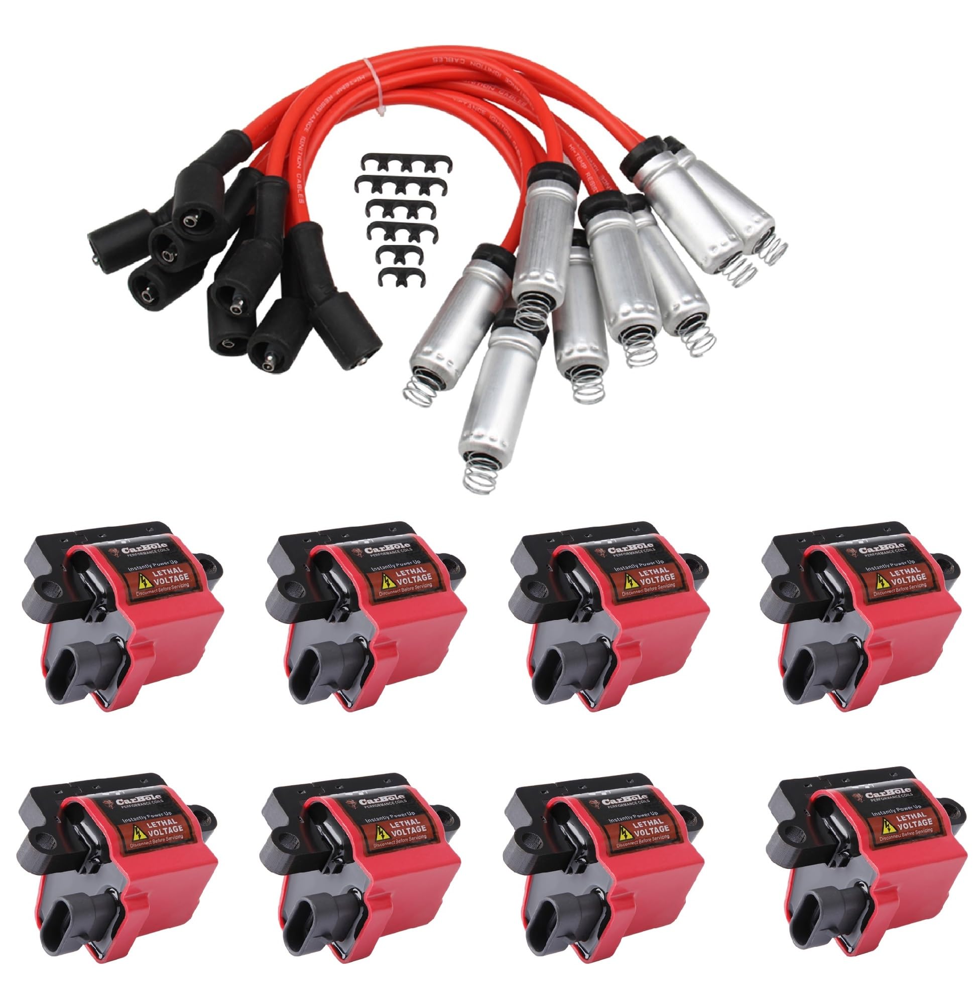 CarBole Ignition Coil Pack & Spark Plug Wires Set for Cadillac, Chevy, GMC - 8 Pcs, SQUARE COILS (D581)