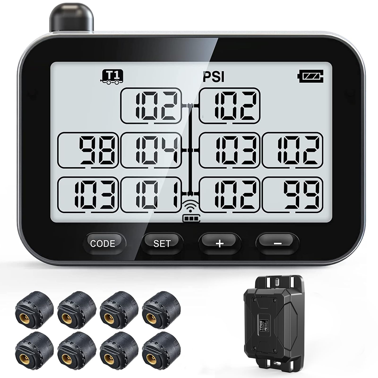 GUTA RV TPMS Trailer Tire Pressure Monitoring System, 8 Sensors, Signal Booster, Gray, Model GT30+8GS02+GB30